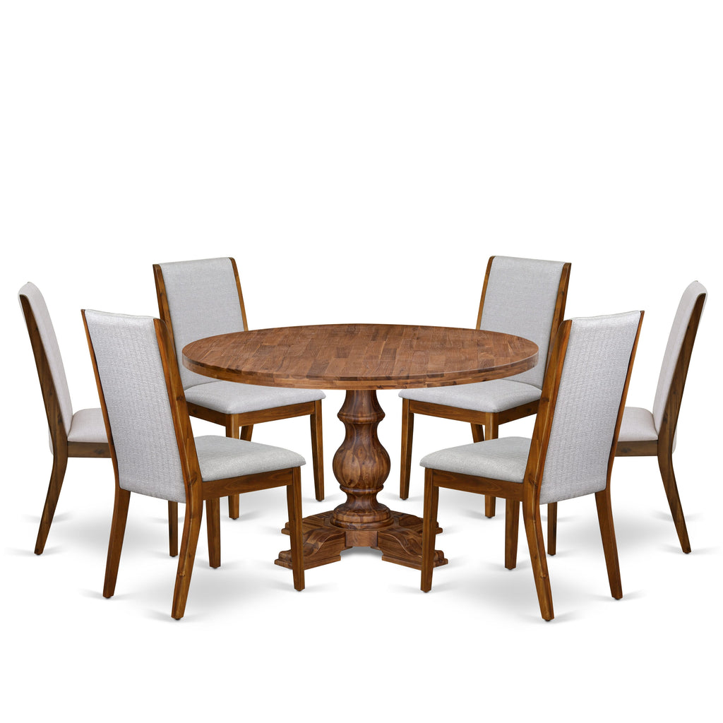 Luxe by East West Furniture I5LA7-50N-05 7-Pc Kitchen Table Set consists of a Pedestal Kitchen Table and 6 Grey Linen Fabric Dining Chairs with High Back - Antique Walnut Finish