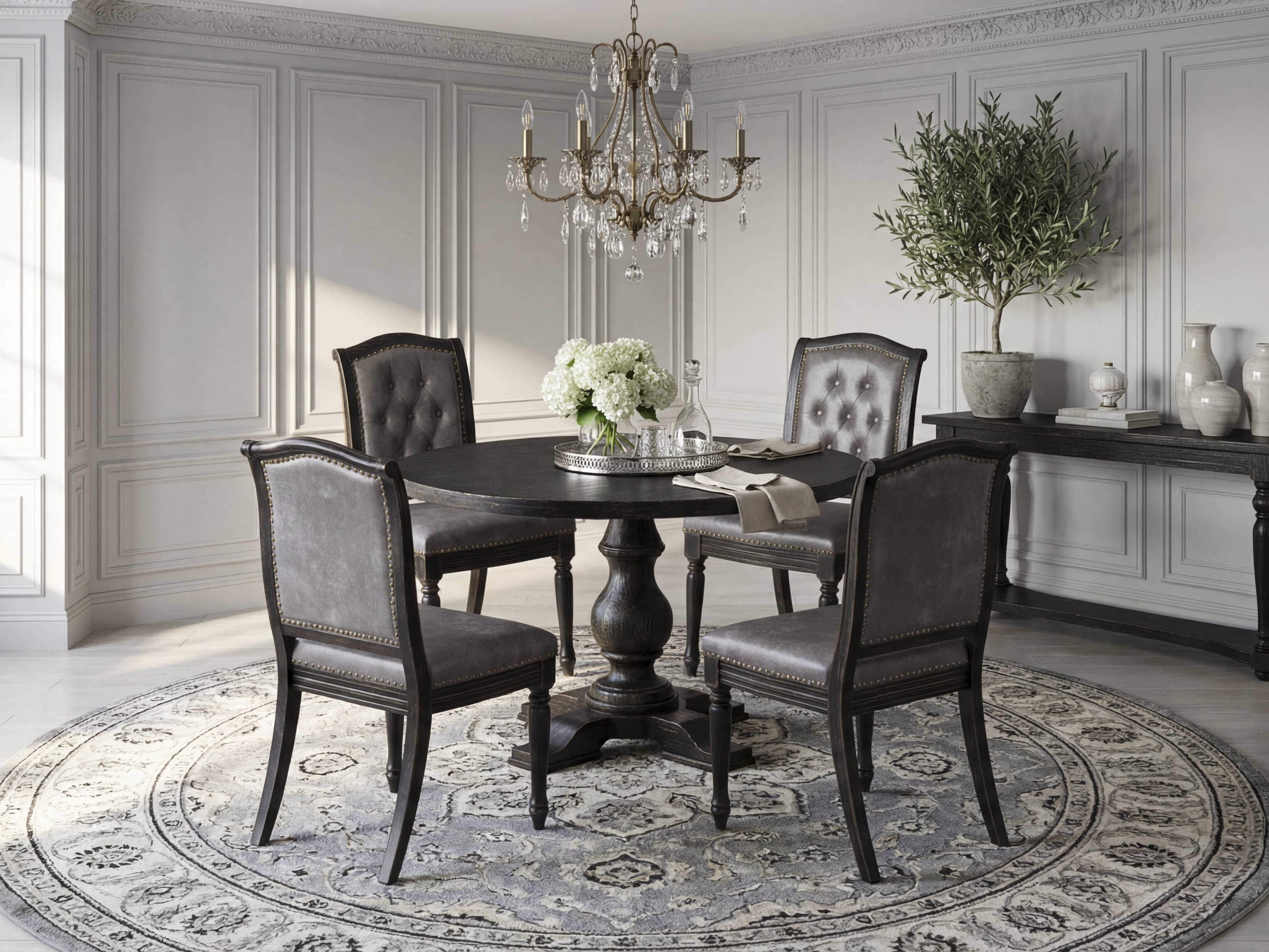 Luxe by East West Furniture I5MA5-411-34 5-Piece Kitchen Table Set with Polyester 4 Dark Gray Padded chairs, Button tufted Back, and A Dining Table in Sand Blasting Black Finish.