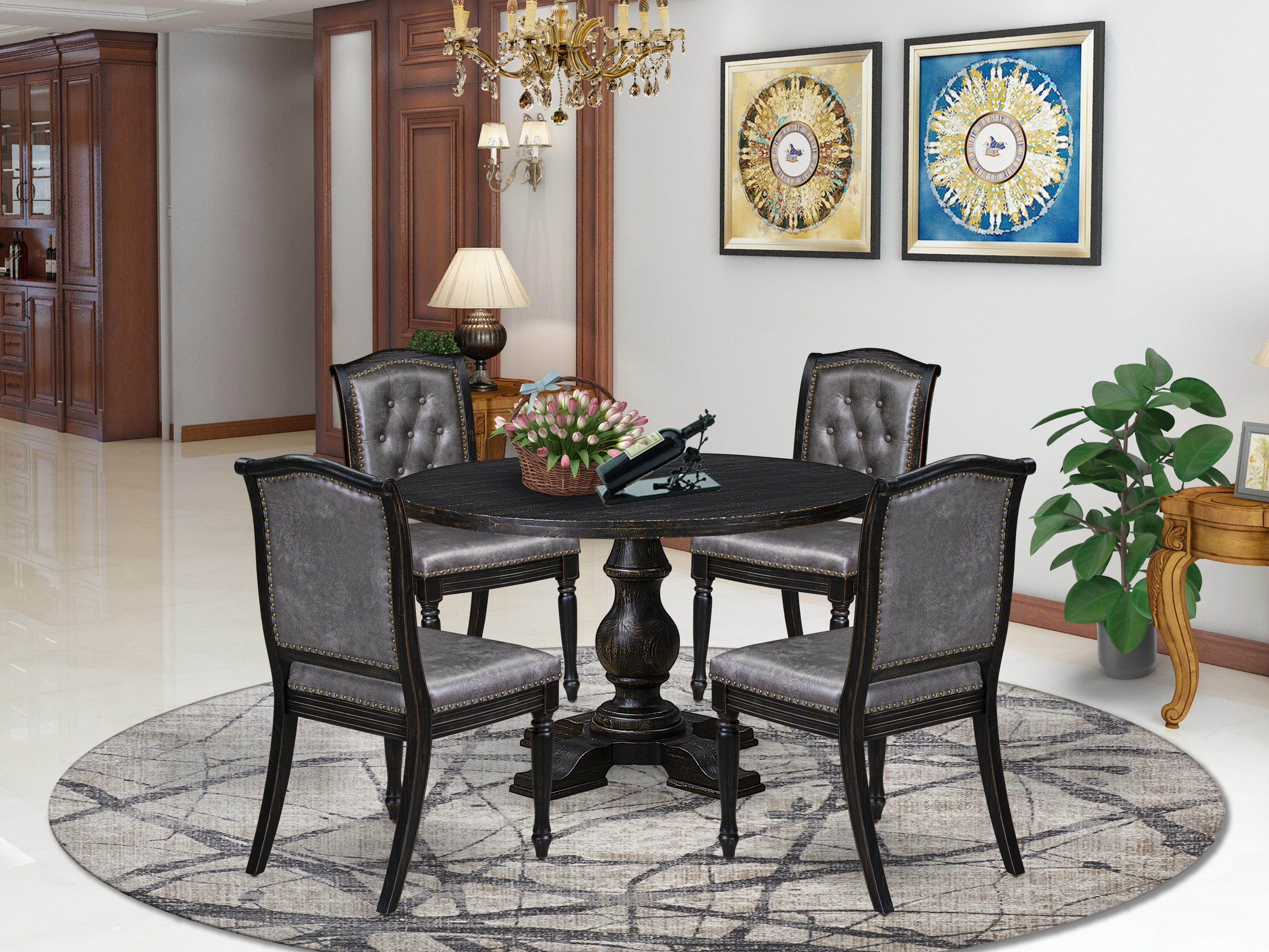 Luxe by East West Furniture I5MA5-411-34 5-Piece Kitchen Table Set with Polyester 4 Dark Gray Padded chairs, Button tufted Back, and A Dining Table in Sand Blasting Black Finish.