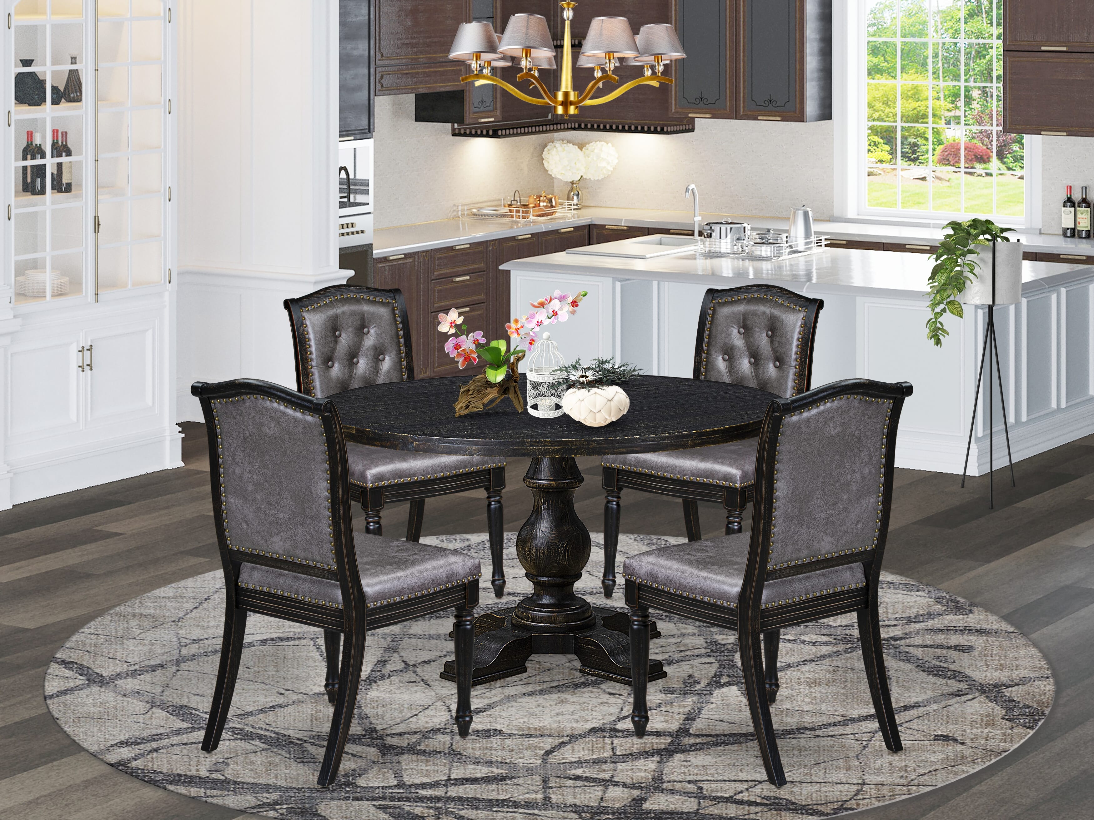 Luxe by East West Furniture I5MA5-511-34 5-Piece Dining Set with Polyester 4 Dark Gray dining chairs, Button tufted Back, and A Dinner Table in Sand Blasting Black Finish.