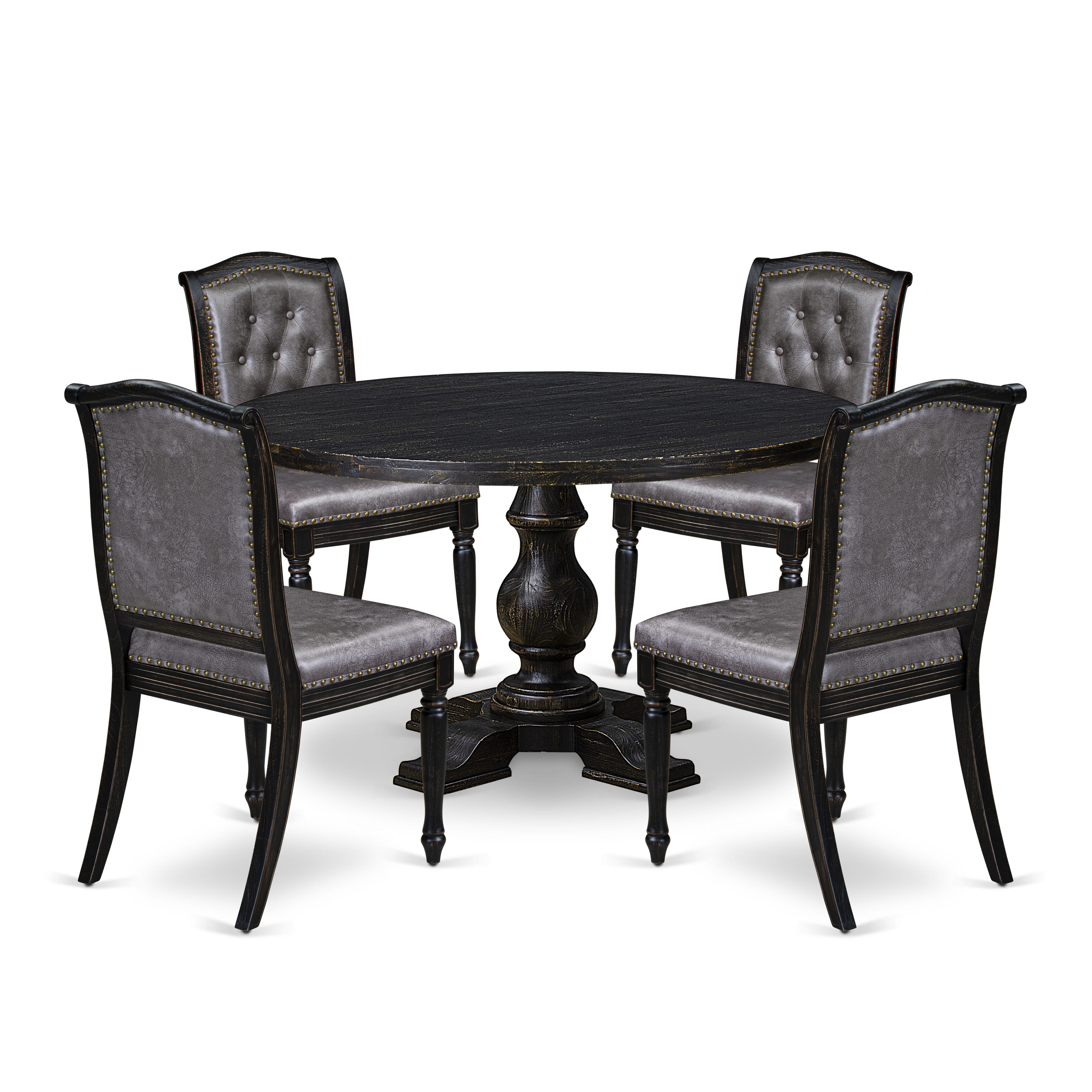 Luxe by East West Furniture I5MA5-511-34 5-Piece Dining Set with Polyester 4 Dark Gray dining chairs, Button tufted Back, and A Dinner Table in Sand Blasting Black Finish.