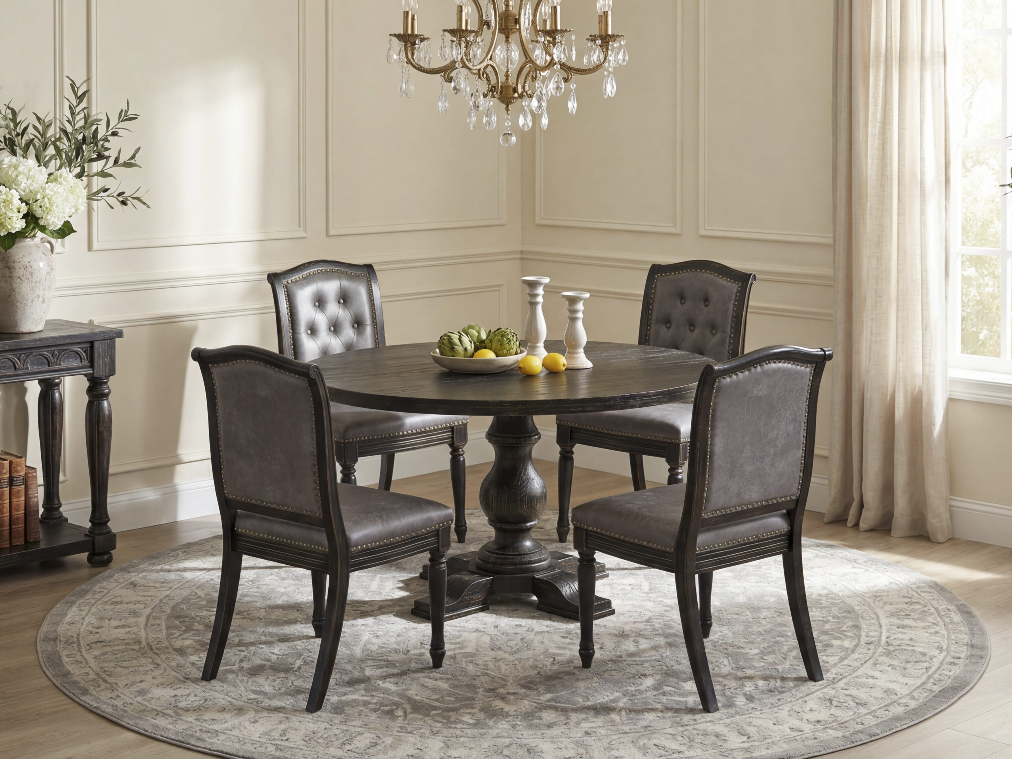 Luxe by East West Furniture I5MA5-511-34 5-Piece Dining Set with Polyester 4 Dark Gray dining chairs, Button tufted Back, and A Dinner Table in Sand Blasting Black Finish.