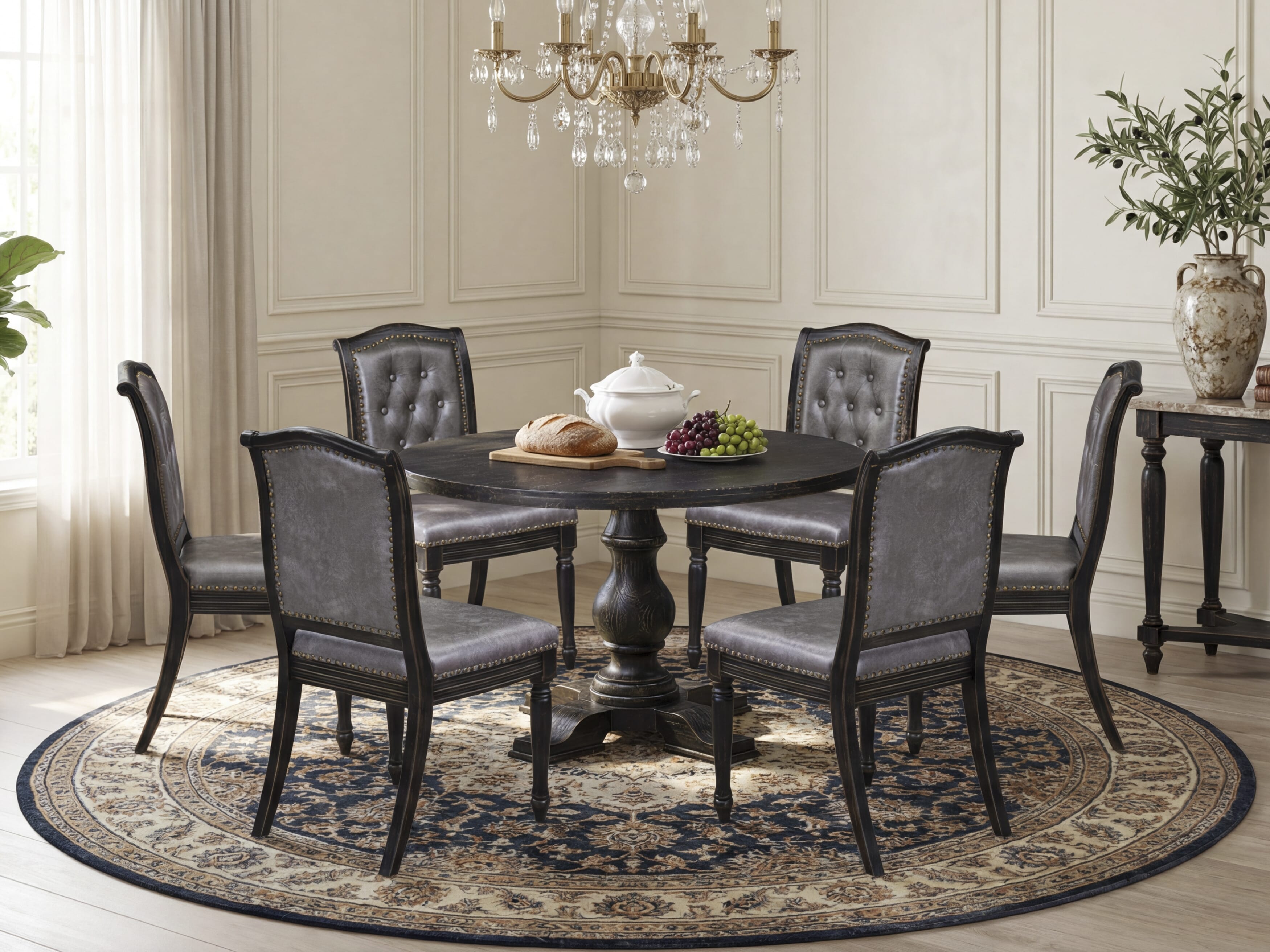 Luxe by East West Furniture I5MA7-411-34 7-Piece Mid-century Kitchen Set with Polyester 6 Dark Gray kitchen chairs, Button tufted Back, and A Kitchen Table in Sand Blasting Black Finish.