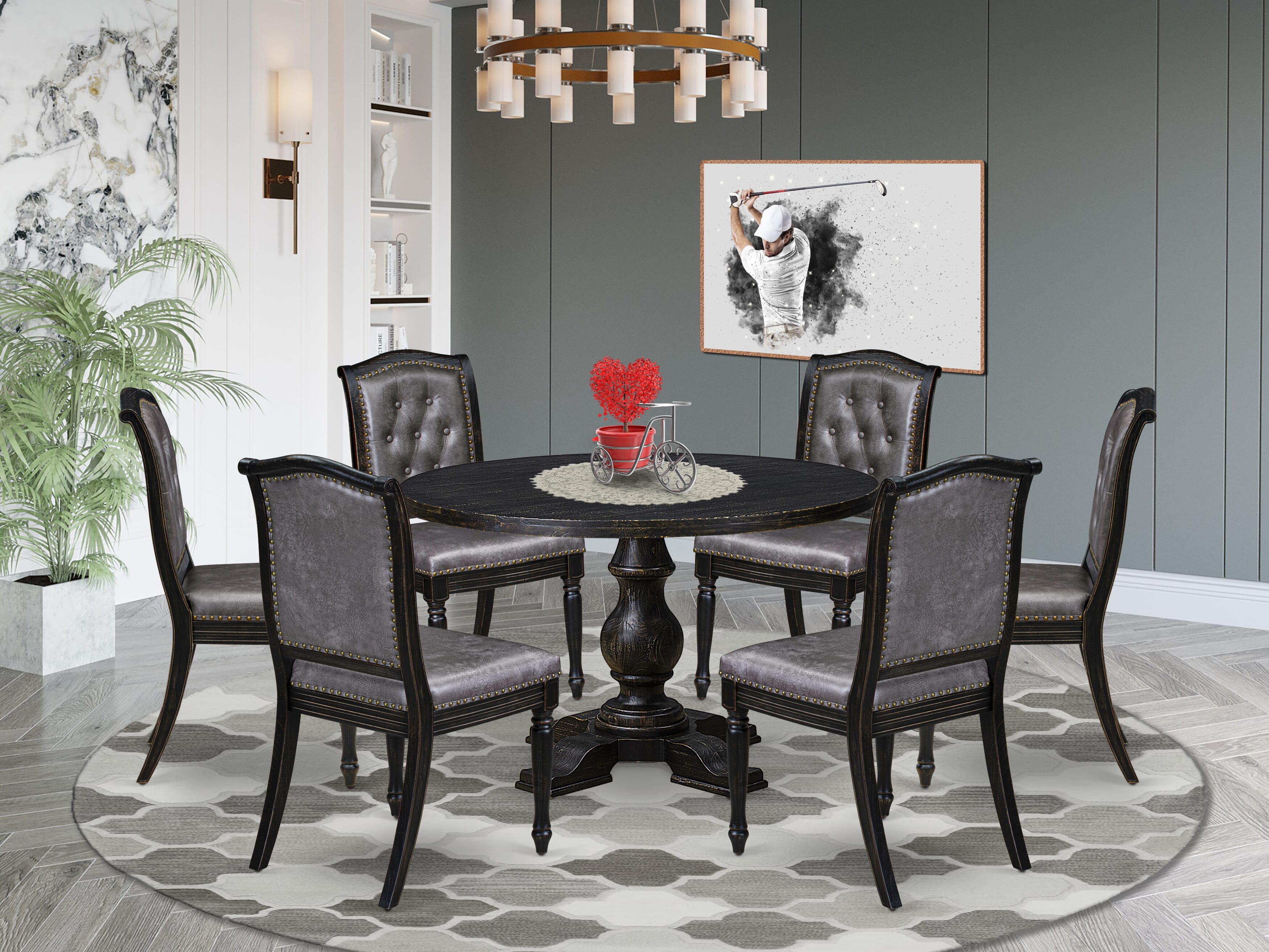 Luxe by East West Furniture I5MA7-411-34 7-Piece Mid-century Kitchen Set with Polyester 6 Dark Gray kitchen chairs, Button tufted Back, and A Kitchen Table in Sand Blasting Black Finish.