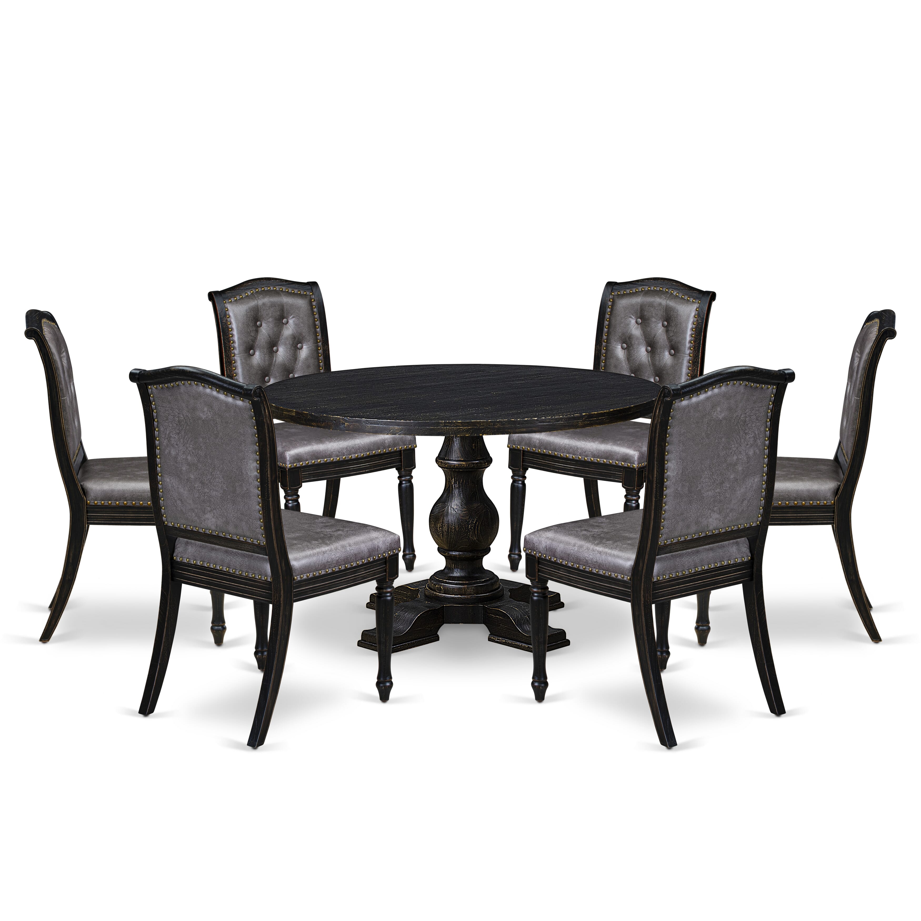 Luxe by East West Furniture I5MA7-411-34 7-Piece Mid-century Kitchen Set with Polyester 6 Dark Gray kitchen chairs, Button tufted Back, and A Kitchen Table in Sand Blasting Black Finish.