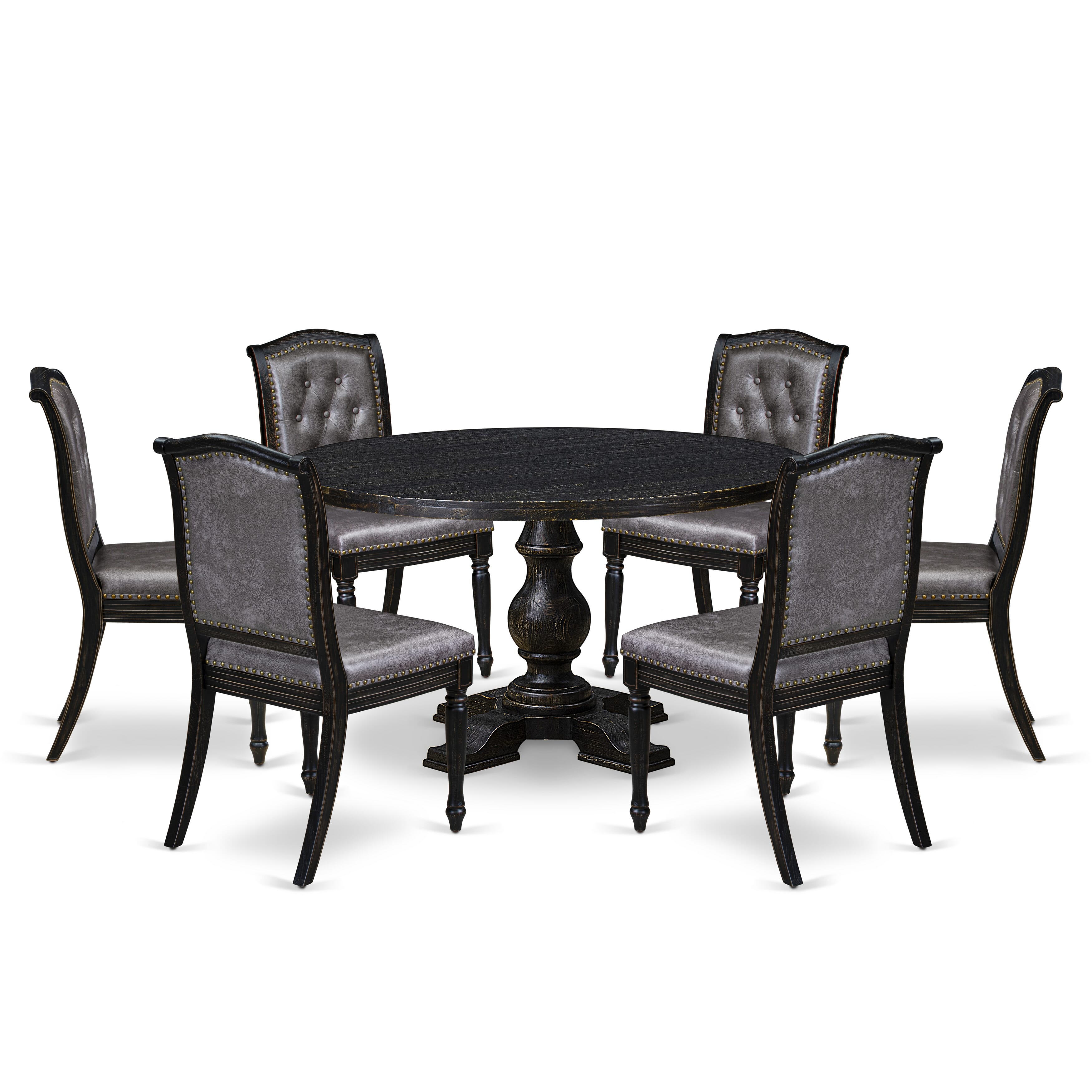 Luxe by East West Furniture I5MA7-511-34 7-Piece Dining Table Set with Polyester 6 Dark Gray upholstered chairs, Button tufted Back, and A Kitchen Table in Sand Blasting Black Finish.