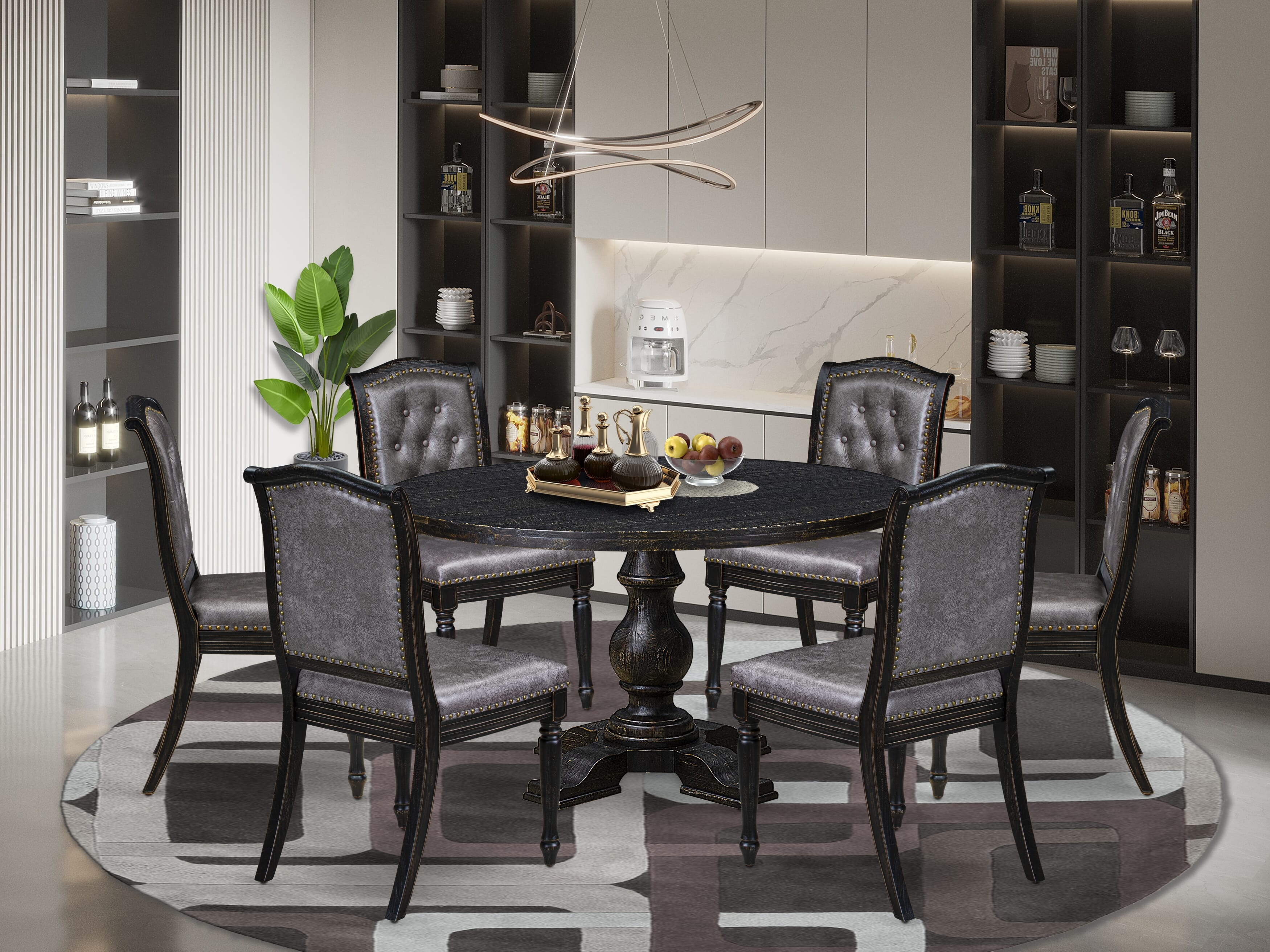 Luxe by East West Furniture I5MA7-511-34 7-Piece Dining Table Set with Polyester 6 Dark Gray upholstered chairs, Button tufted Back, and A Kitchen Table in Sand Blasting Black Finish.