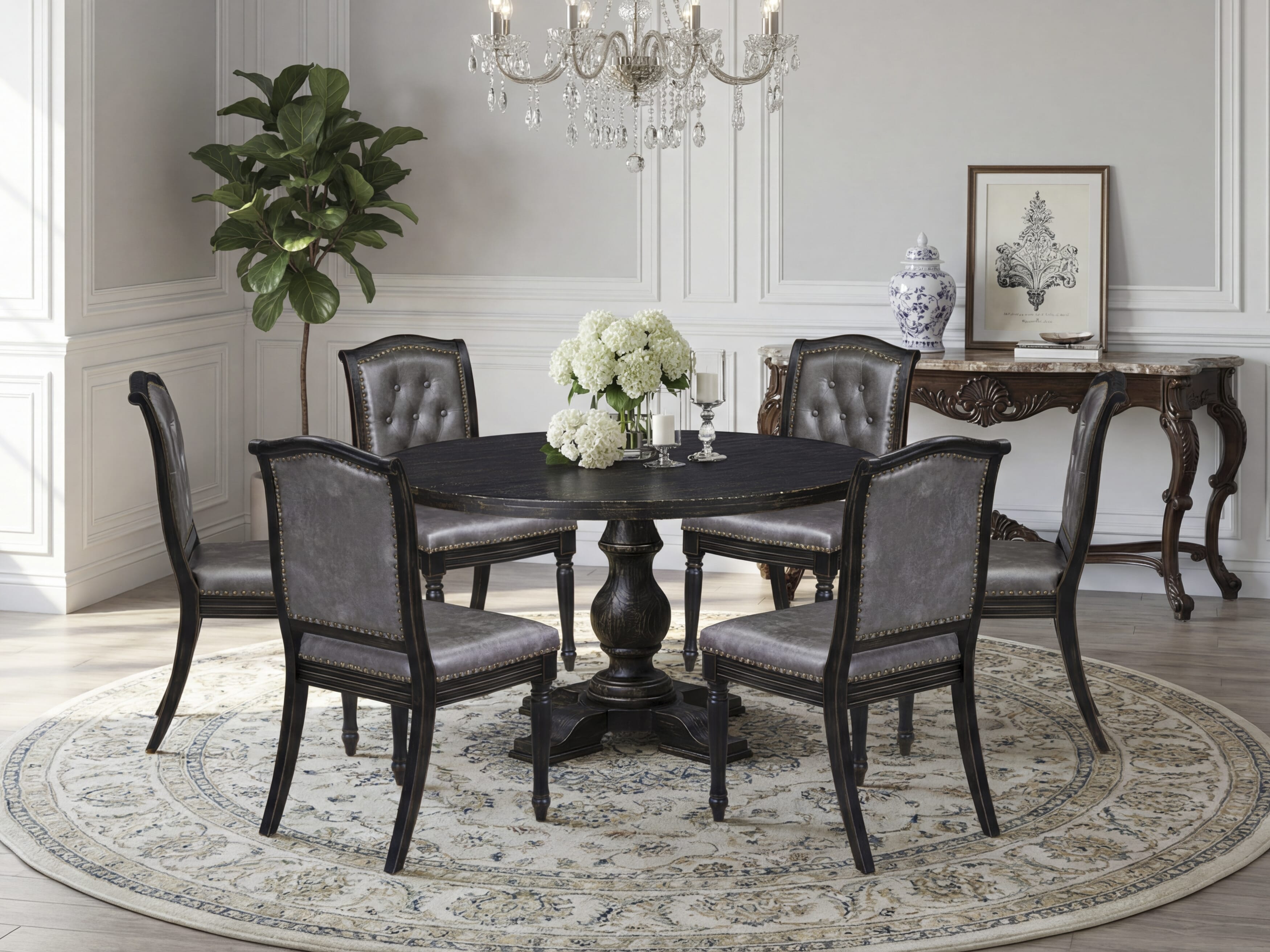 Luxe by East West Furniture I5MA7-511-34 7-Piece Dining Table Set with Polyester 6 Dark Gray upholstered chairs, Button tufted Back, and A Kitchen Table in Sand Blasting Black Finish.