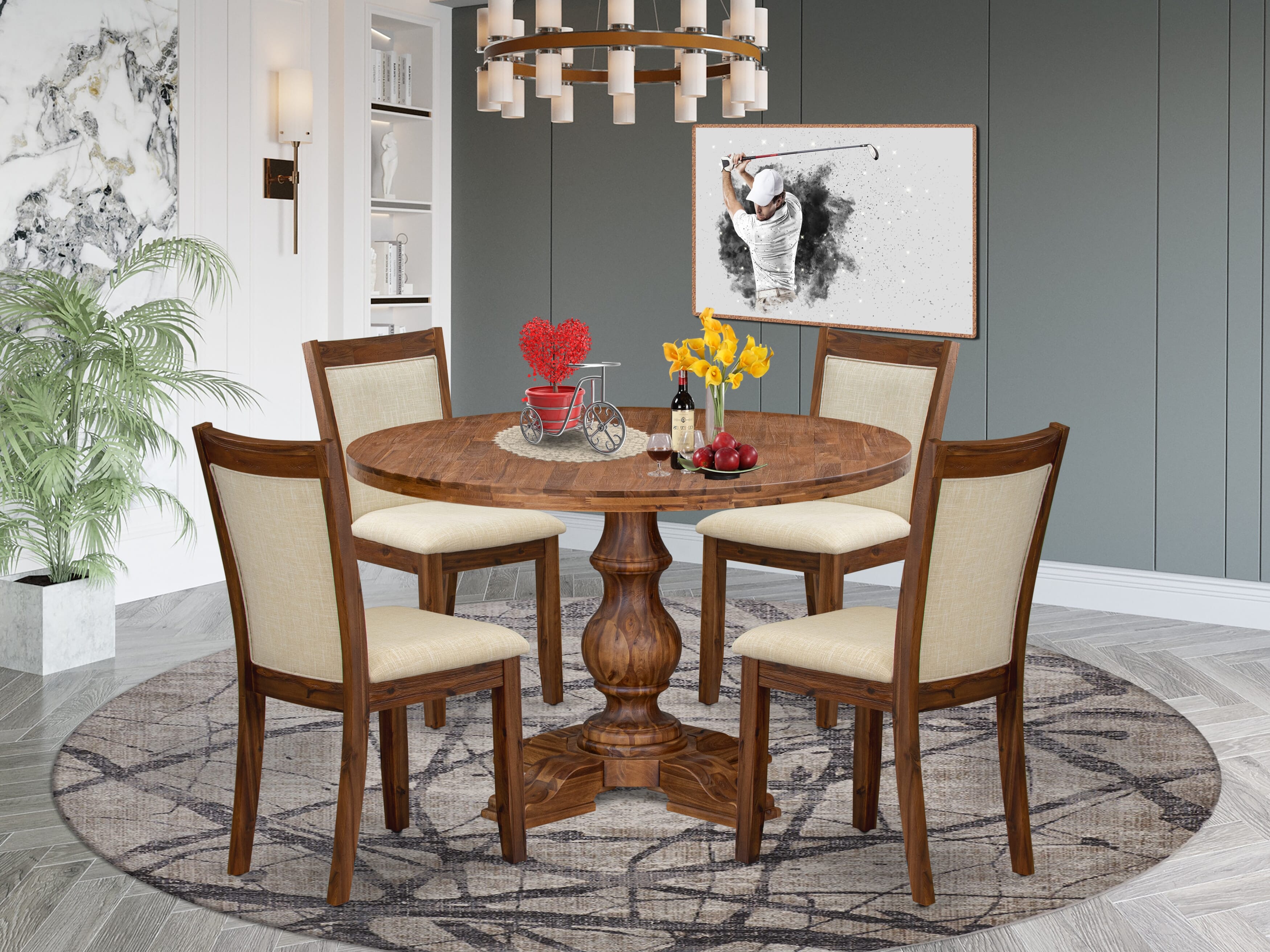 Luxe by East West Furniture I5MZ5-40N-02 5-Pc Dining Set Includes a Pedestal Dining Table and 4 Light Beige Linen Fabric Padded Chairs with Padded Back - Antique Walnut Finish