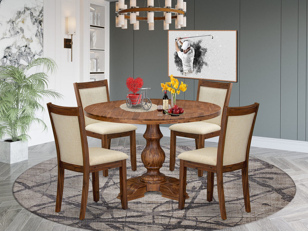 Luxe by East West Furniture I5MZ5-40N-02 5-Pc Dining Set Includes a Pedestal Dining Table and 4 Light Beige Linen Fabric Padded Chairs with Padded Back - Antique Walnut Finish