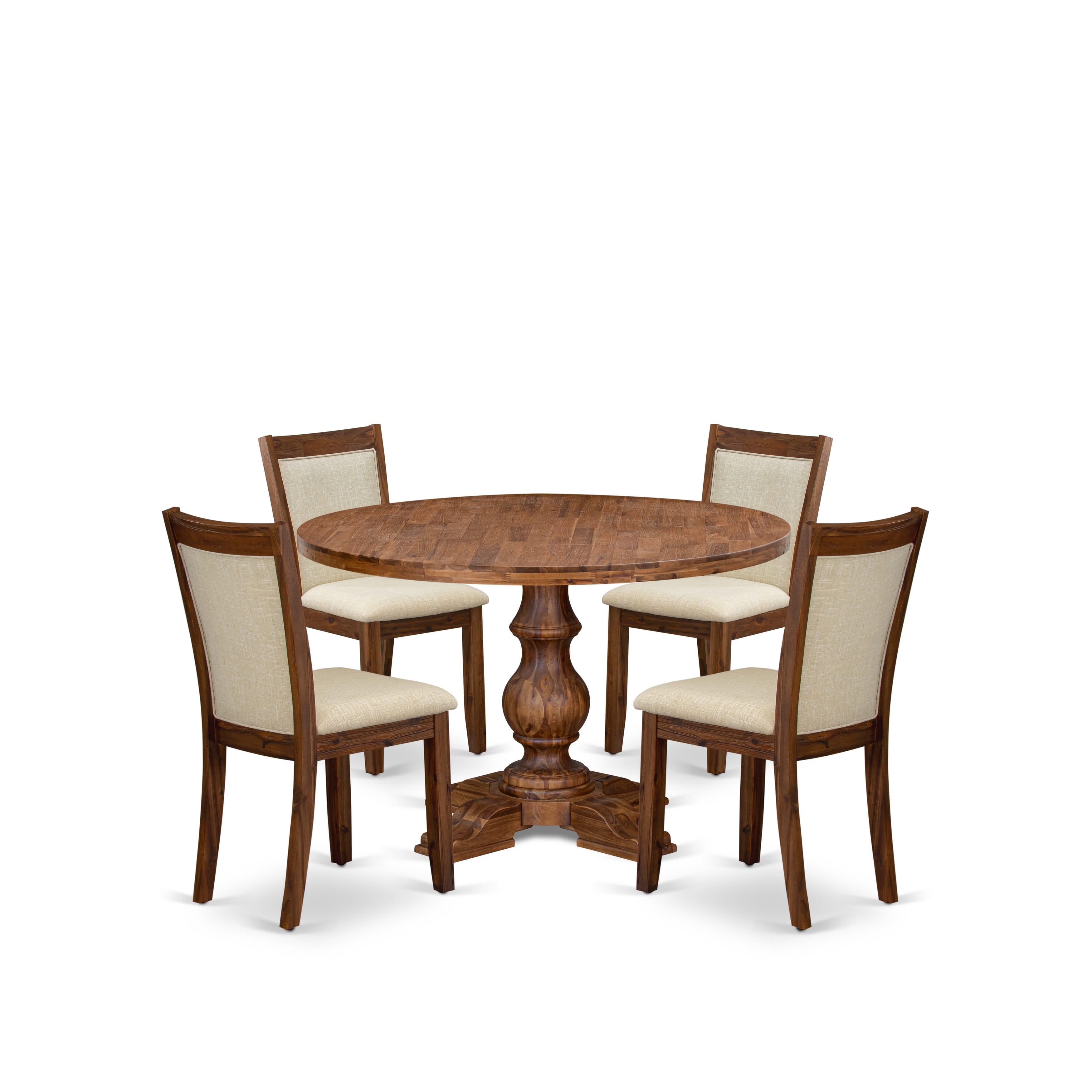 Luxe by East West Furniture I5MZ5-40N-02 5-Pc Dining Set Includes a Pedestal Dining Table and 4 Light Beige Linen Fabric Padded Chairs with Padded Back - Antique Walnut Finish