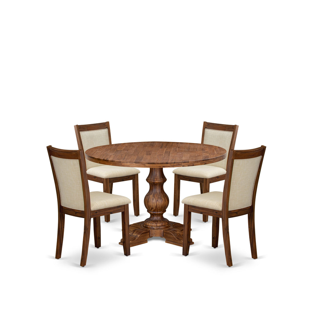 Luxe by East West Furniture I5MZ5-40N-02 5-Pc Dining Set Includes a Pedestal Dining Table and 4 Light Beige Linen Fabric Padded Chairs with Padded Back - Antique Walnut Finish