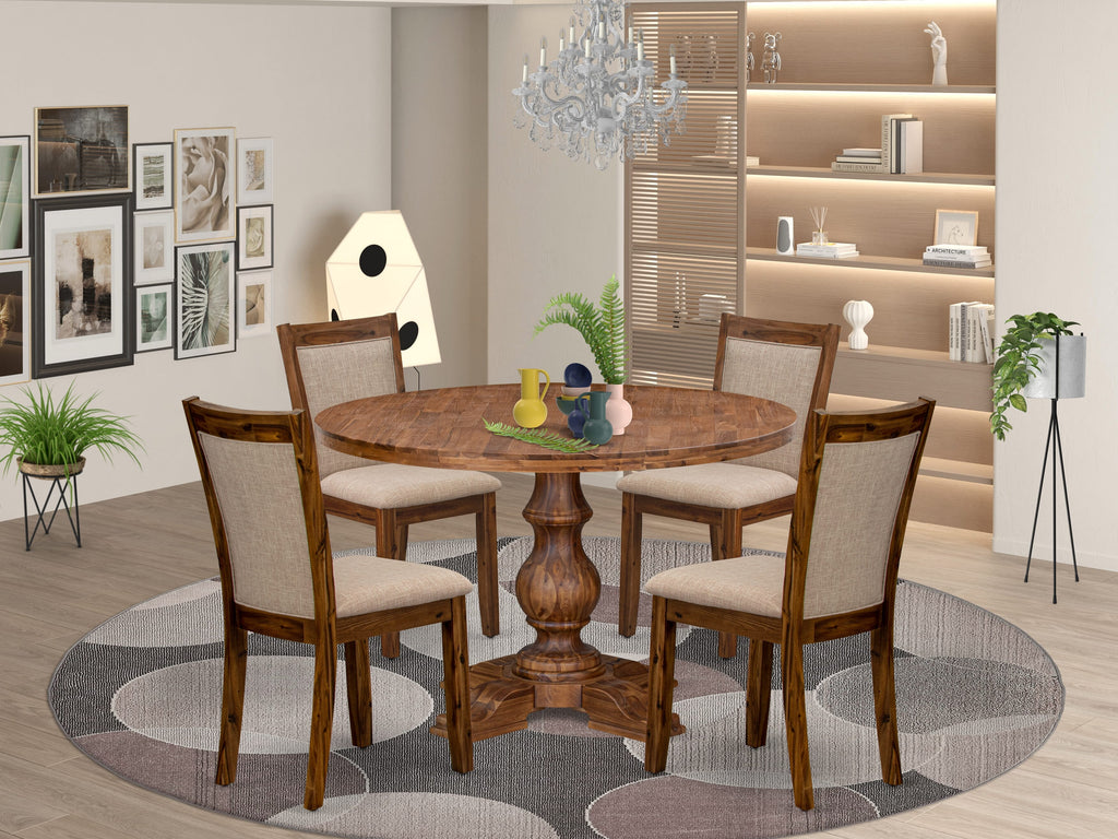Luxe by East West Furniture I5MZ5-40N-04 5-Pc Kitchen Set Includes a Pedestal Breakfast Table and 4 Light Tan Linen Fabric Dining Chairs with Padded Back - Antique Walnut
