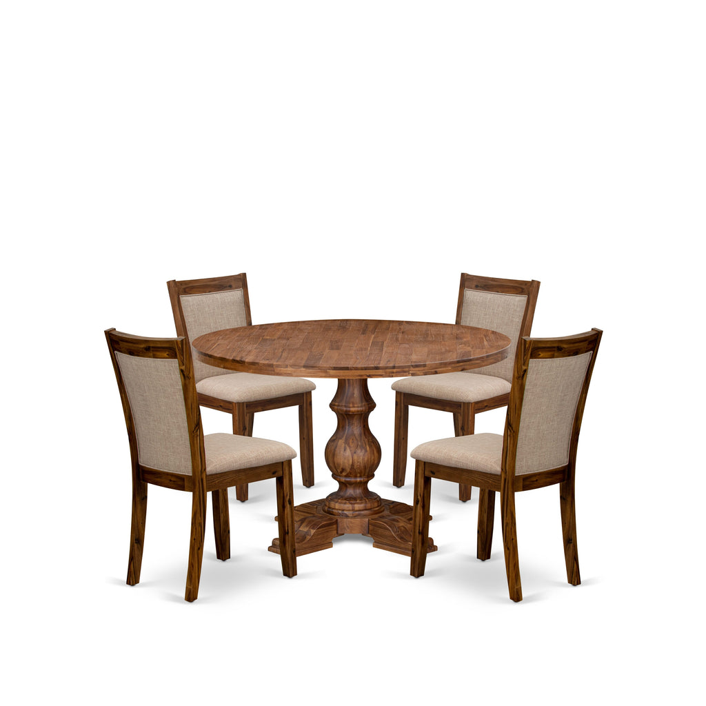 Luxe by East West Furniture I5MZ5-40N-04 5-Pc Kitchen Set Includes a Pedestal Breakfast Table and 4 Light Tan Linen Fabric Dining Chairs with Padded Back - Antique Walnut