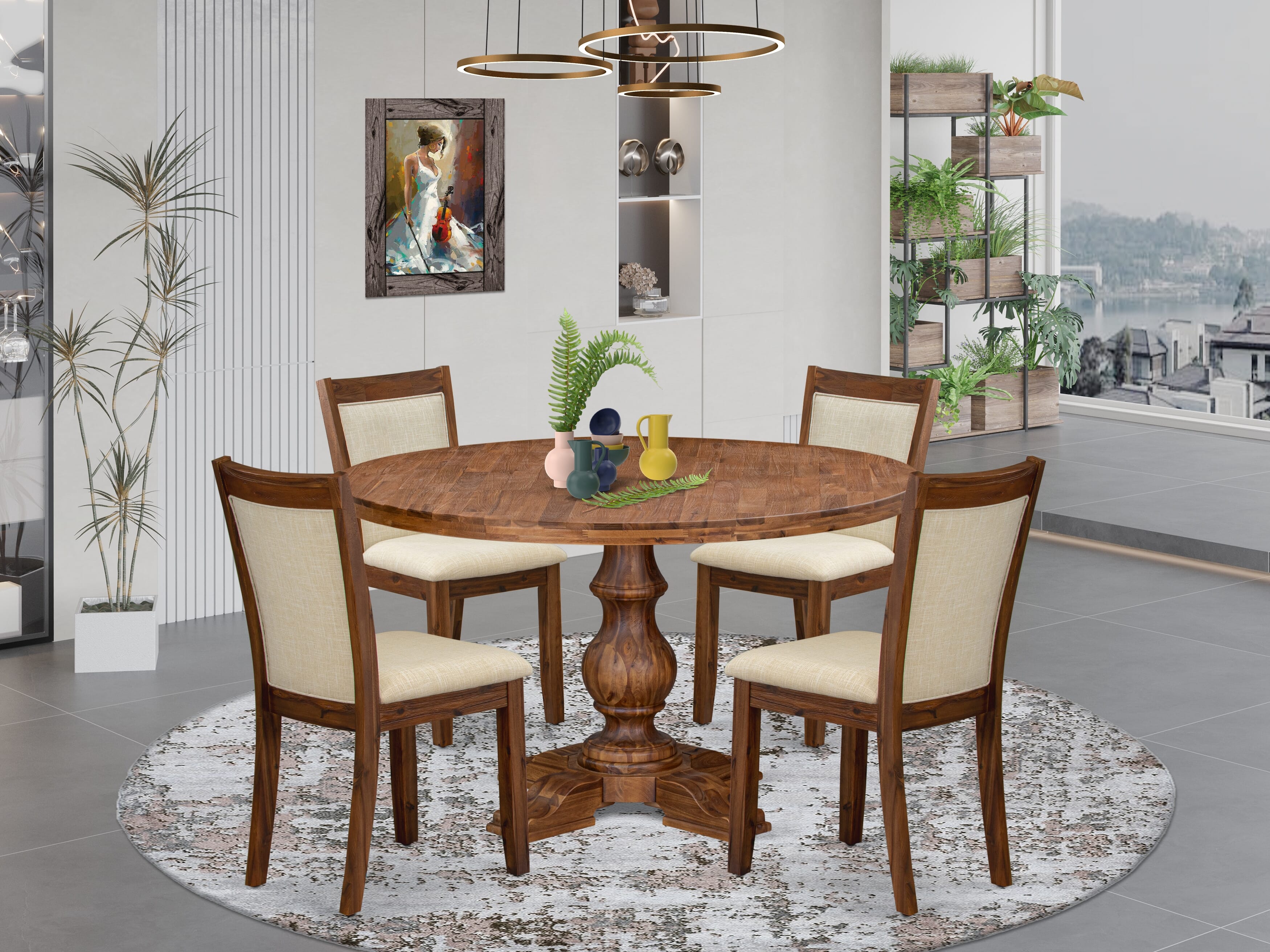 Luxe by East West Furniture I5MZ5-50N-02 5-Pc Kitchen Table Set Includes a Pedestal Table and 4 Light Beige Linen Fabric Kitchen Chairs with Padded Back - Antique Walnut