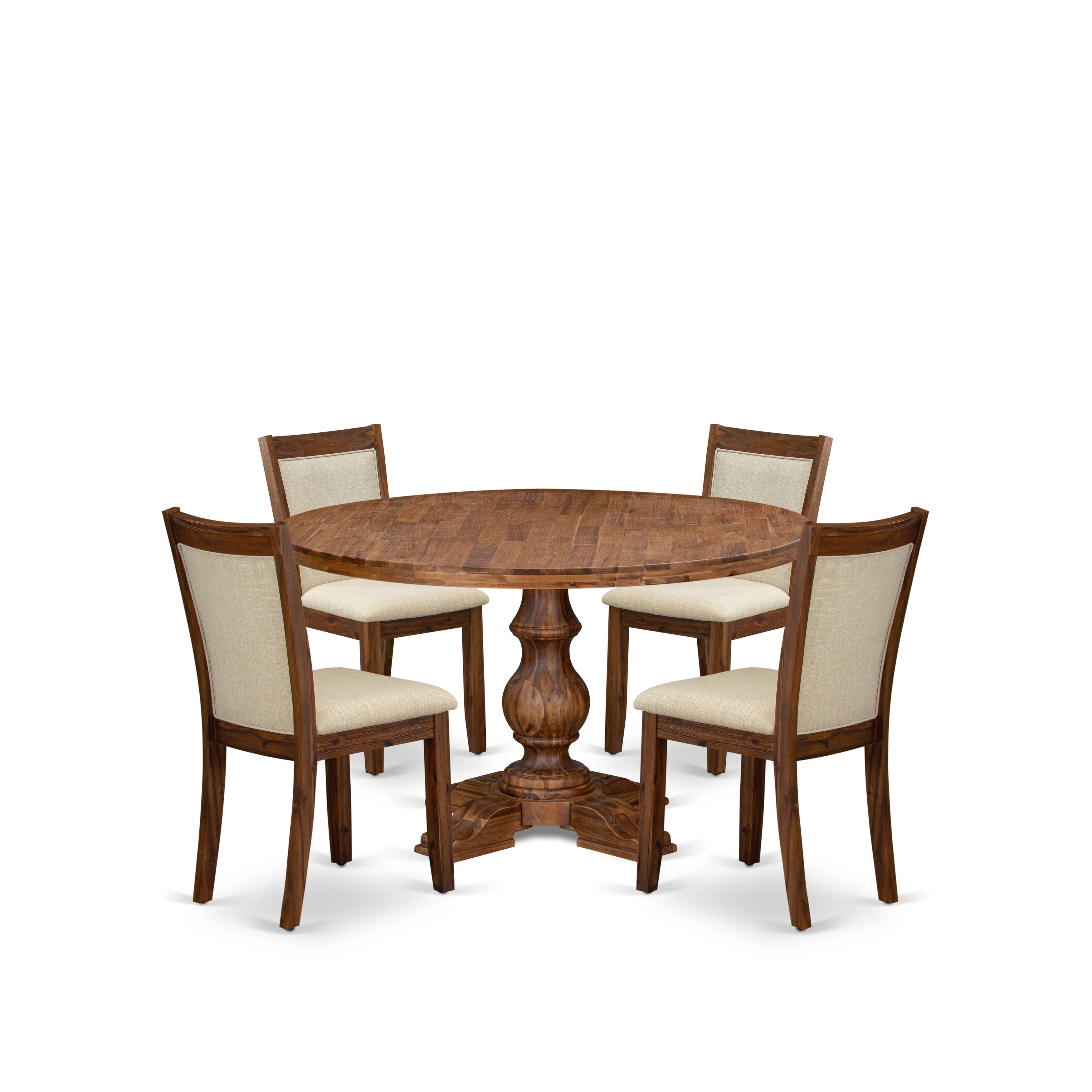 Luxe by East West Furniture I5MZ5-50N-02 5-Pc Kitchen Table Set Includes a Pedestal Table and 4 Light Beige Linen Fabric Kitchen Chairs with Padded Back - Antique Walnut
