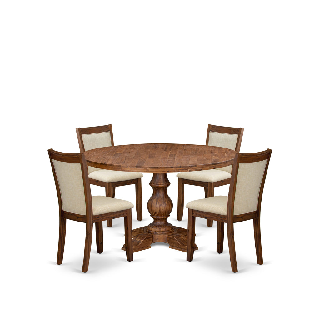 Luxe by East West Furniture I5MZ5-50N-02 5-Pc Kitchen Table Set Includes a Pedestal Table and 4 Light Beige Linen Fabric Kitchen Chairs with Padded Back - Antique Walnut