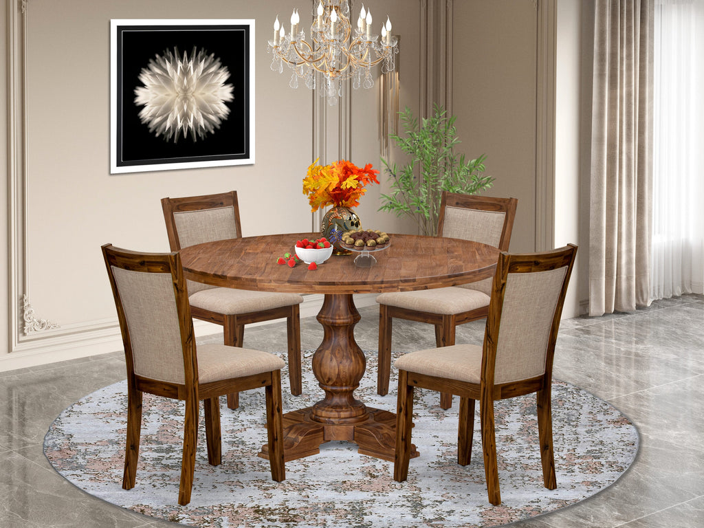 Luxe by East West Furniture I5MZ5-50N-04 5-Pc Mid-century Kitchen Set Includes a Pedestal Table and 4 Light Tan Linen Fabric Kitchen Chairs with Padded Back- Antique Walnut