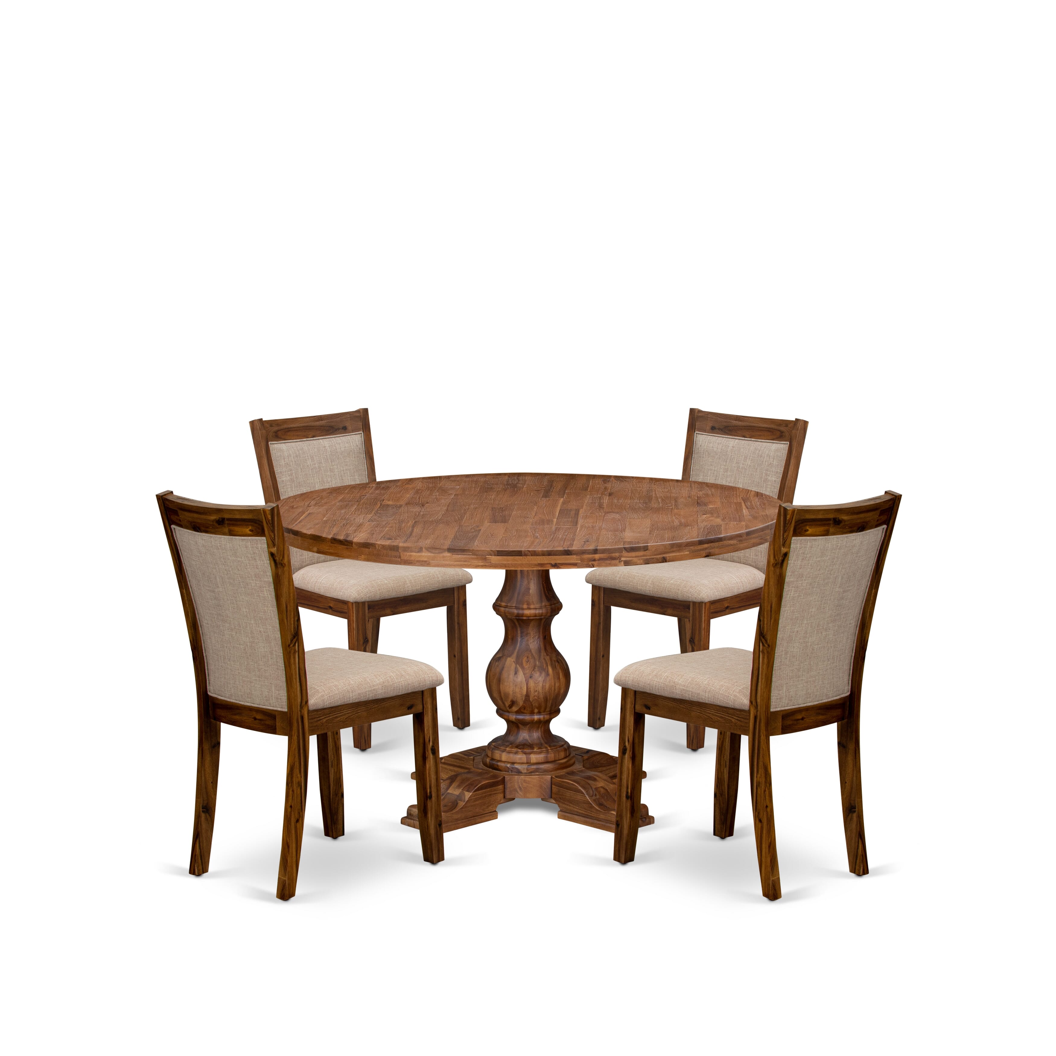 Luxe by East West Furniture I5MZ5-50N-04 5-Pc Mid-century Kitchen Set Includes a Pedestal Table and 4 Light Tan Linen Fabric Kitchen Chairs with Padded Back- Antique Walnut