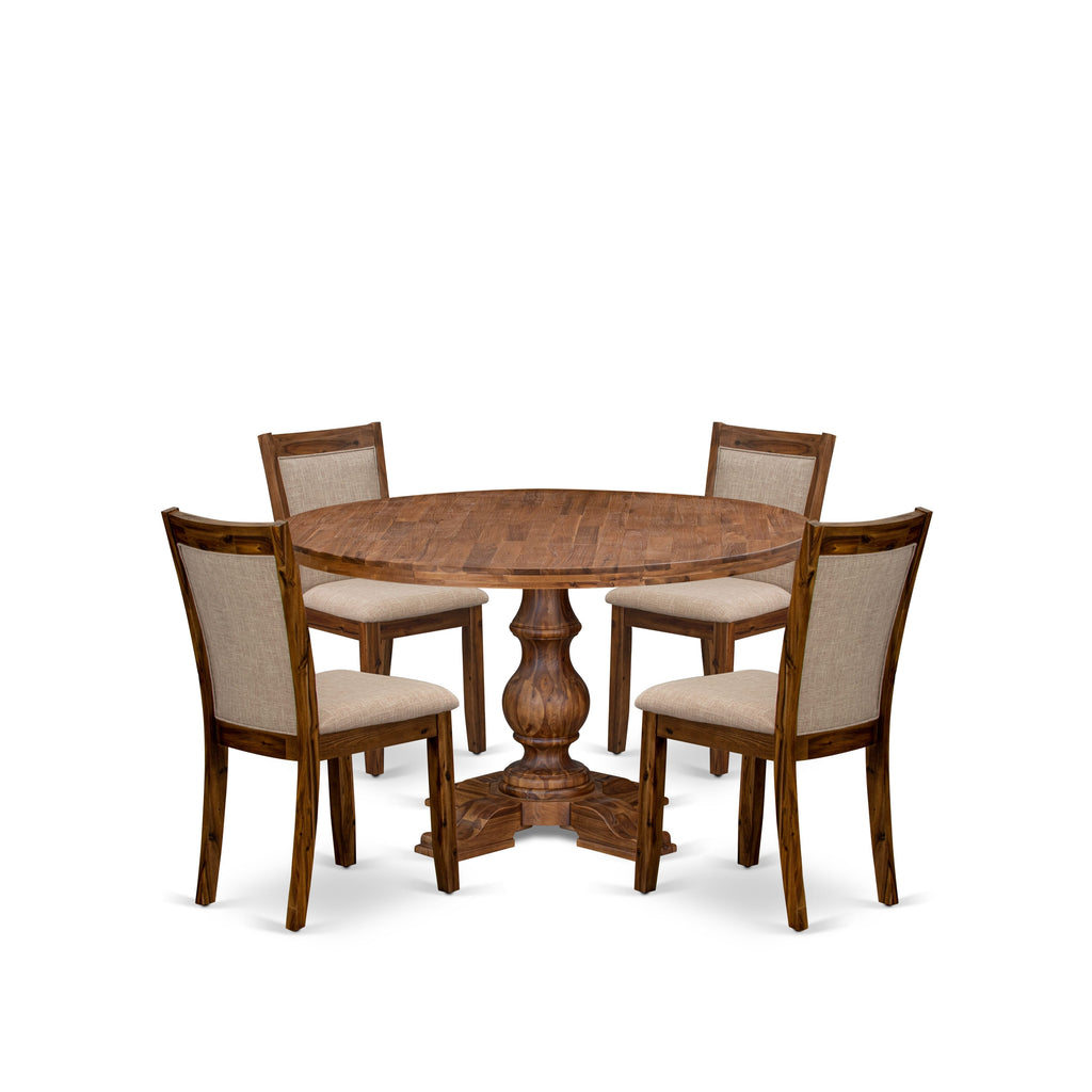 Luxe by East West Furniture I5MZ5-50N-04 5-Pc Mid-century Kitchen Set Includes a Pedestal Table and 4 Light Tan Linen Fabric Kitchen Chairs with Padded Back- Antique Walnut
