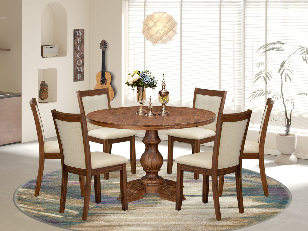 Luxe by East West Furniture I5MZ7-40N-02 7-Pc Dining Set consists of a Pedestal Dinner Table and 6 Light Beige Linen Fabric Parson Chairs with Padded Back - Antique Walnut