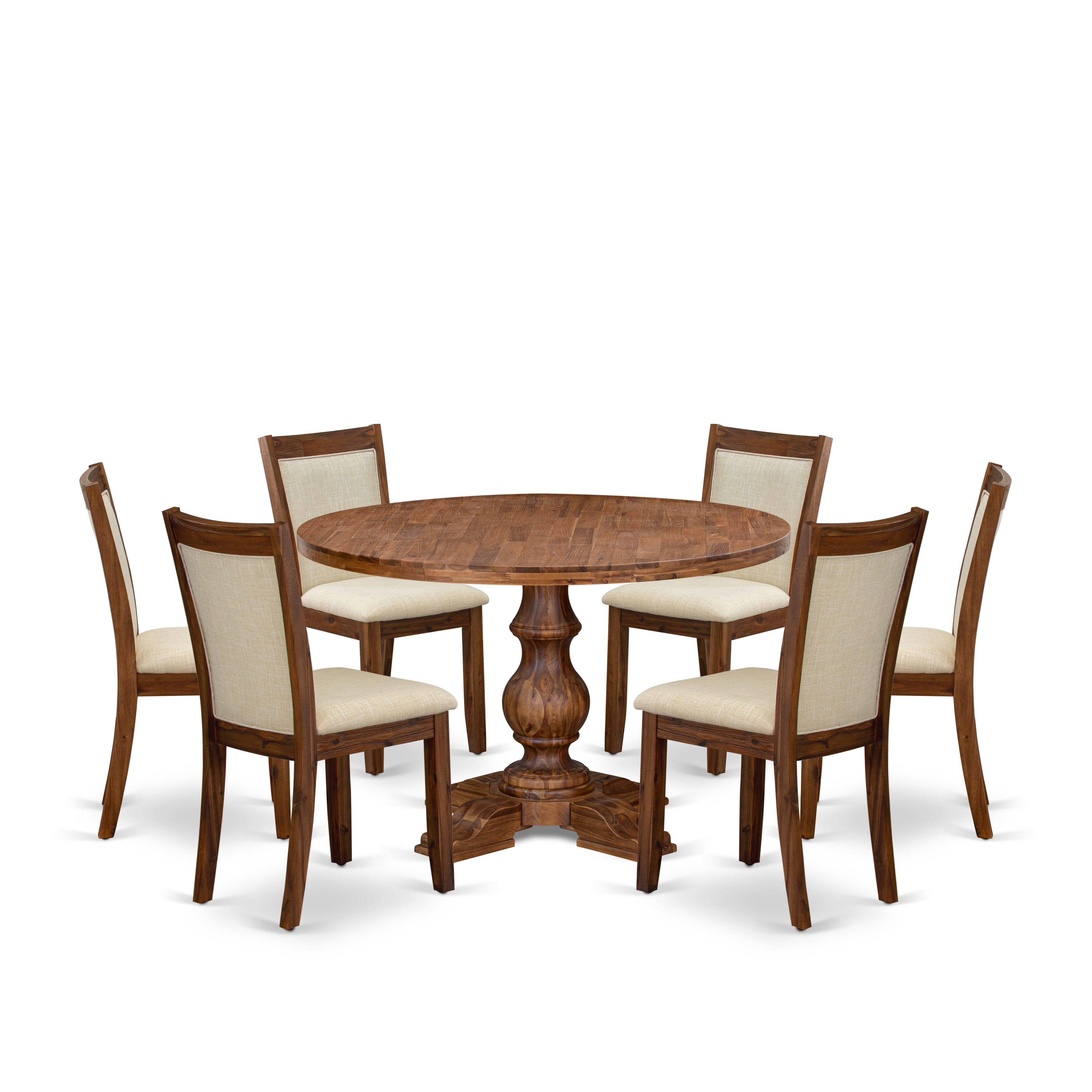 Luxe by East West Furniture I5MZ7-40N-02 7-Pc Dining Set consists of a Pedestal Dinner Table and 6 Light Beige Linen Fabric Parson Chairs with Padded Back - Antique Walnut