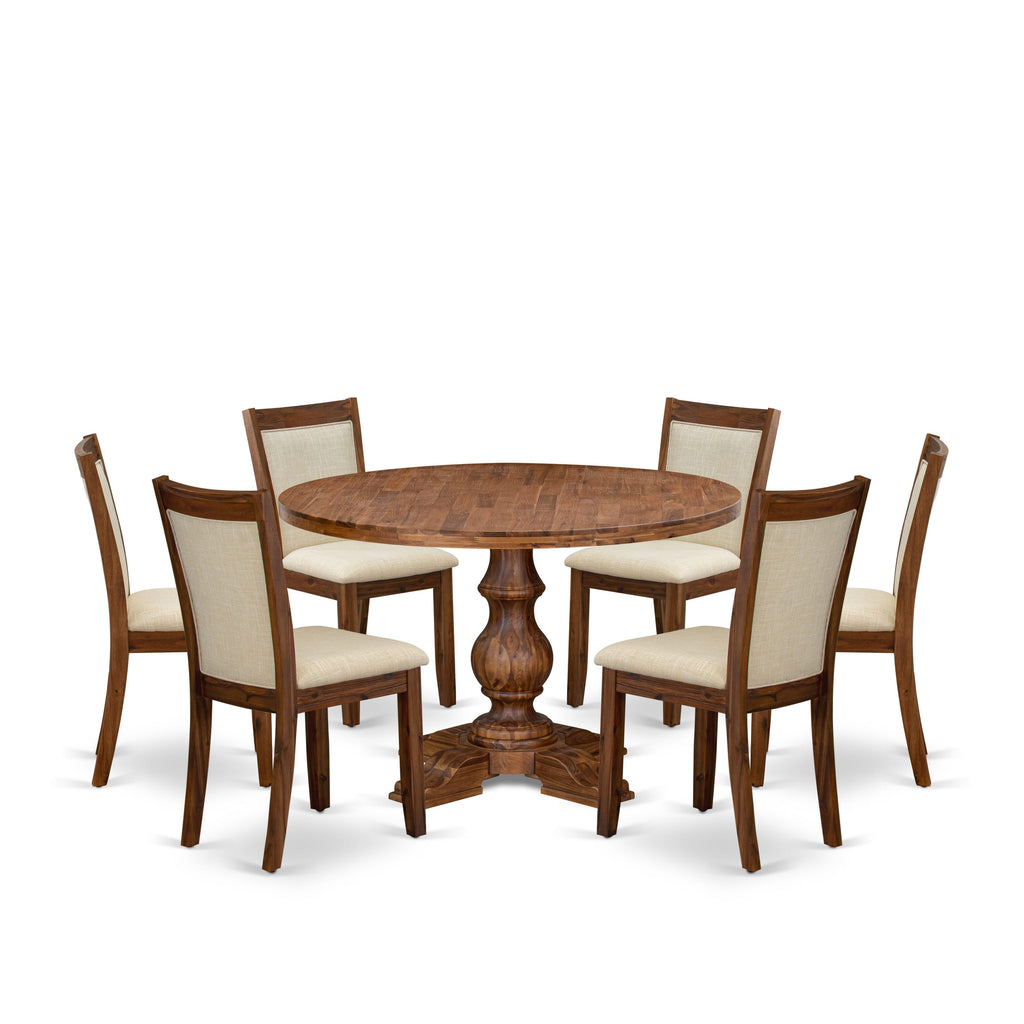 Luxe by East West Furniture I5MZ7-40N-02 7-Pc Dining Set consists of a Pedestal Dinner Table and 6 Light Beige Linen Fabric Parson Chairs with Padded Back - Antique Walnut