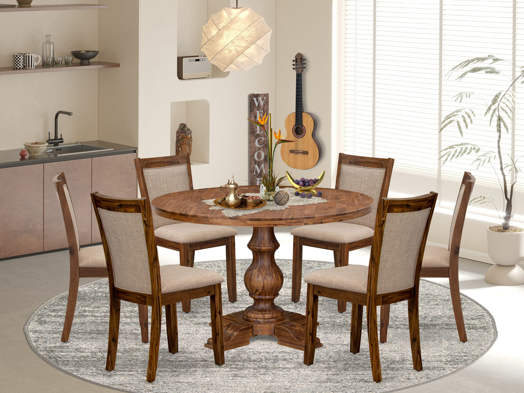 Luxe by East West Furniture I5MZ7-40N-04 7-Pc Mid-century Dining Set consists of a Pedestal Table and 6 Light Tan Linen Fabric Kitchen Chairs with Padded Back - Antique Walnut