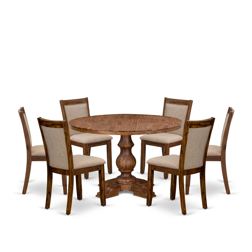 Luxe by East West Furniture I5MZ7-40N-04 7-Pc Mid-century Dining Set consists of a Pedestal Table and 6 Light Tan Linen Fabric Kitchen Chairs with Padded Back - Antique Walnut