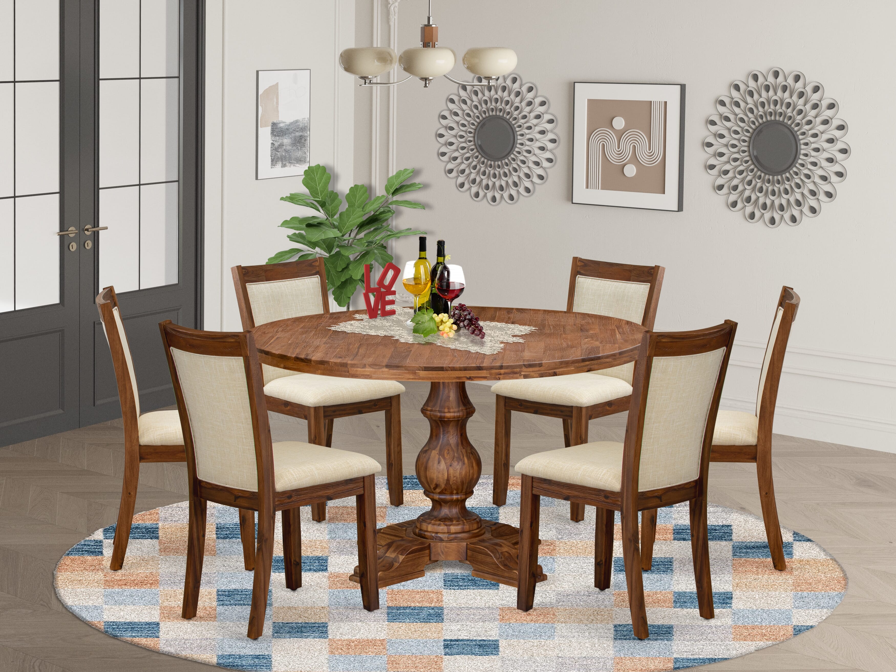 Luxe by East West Furniture I5MZ7-50N-02 7-Pc Dining Set consists of a Pedestal Dining Table and 6 Light Beige Linen Fabric Parson Chairs with Padded Back - Antique Walnut