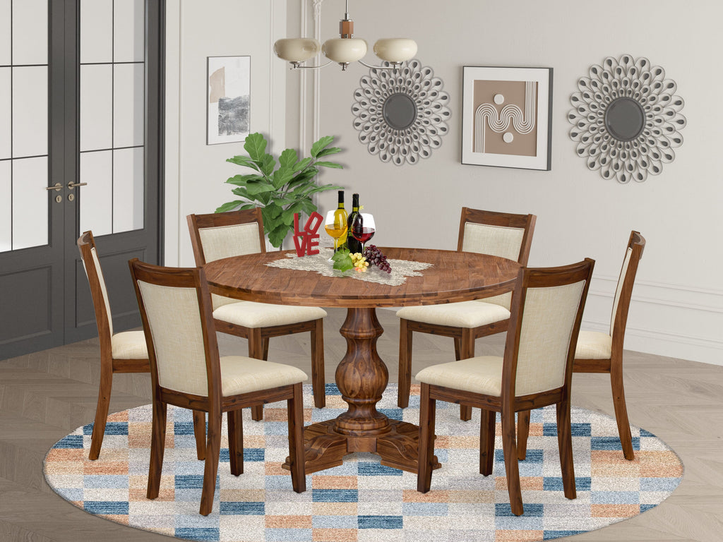 Luxe by East West Furniture I5MZ7-50N-02 7-Pc Dining Set consists of a Pedestal Dining Table and 6 Light Beige Linen Fabric Parson Chairs with Padded Back - Antique Walnut