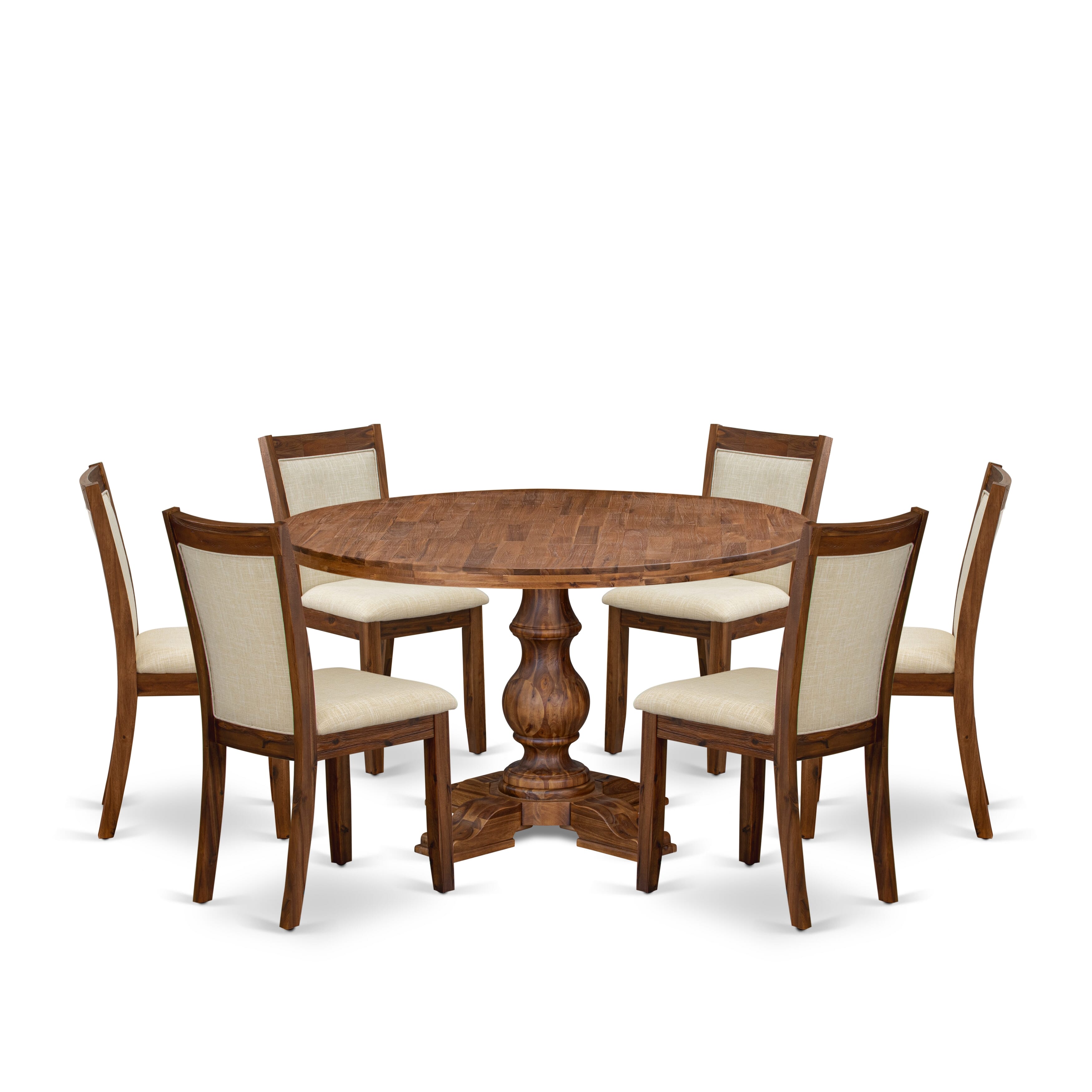 Luxe by East West Furniture I5MZ7-50N-02 7-Pc Dining Set consists of a Pedestal Dining Table and 6 Light Beige Linen Fabric Parson Chairs with Padded Back - Antique Walnut