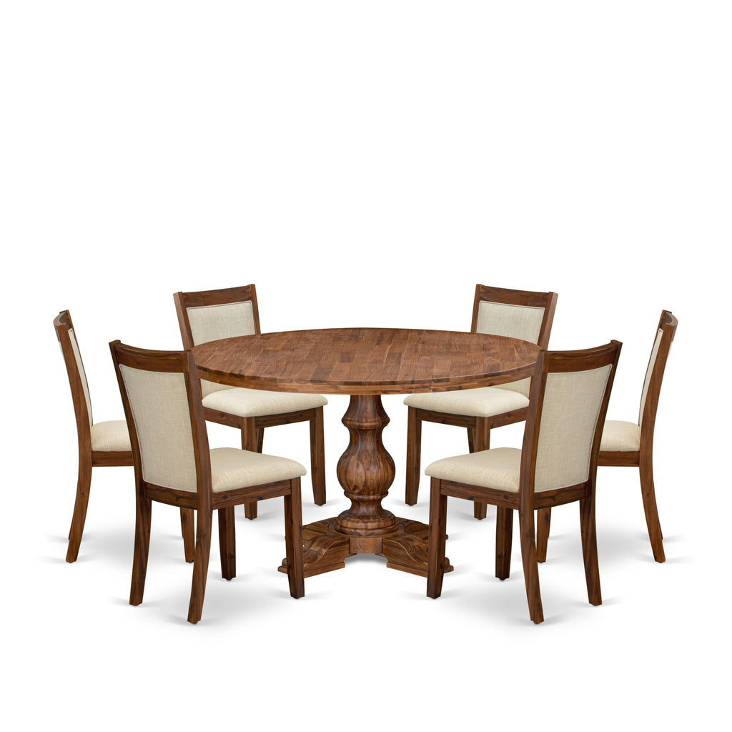 Luxe by East West Furniture I5MZ7-50N-02 7-Pc Dining Set consists of a Pedestal Dining Table and 6 Light Beige Linen Fabric Parson Chairs with Padded Back - Antique Walnut
