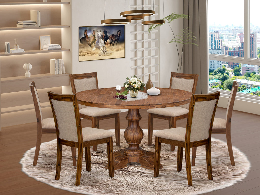 Luxe by East West Furniture I5MZ7-50N-04 7-Pc Modern Dining Set consists of a Pedestal Dinner Table and 6 Light Tan Linen Fabric Dinner Chairs with Padded Back- Antique Walnut