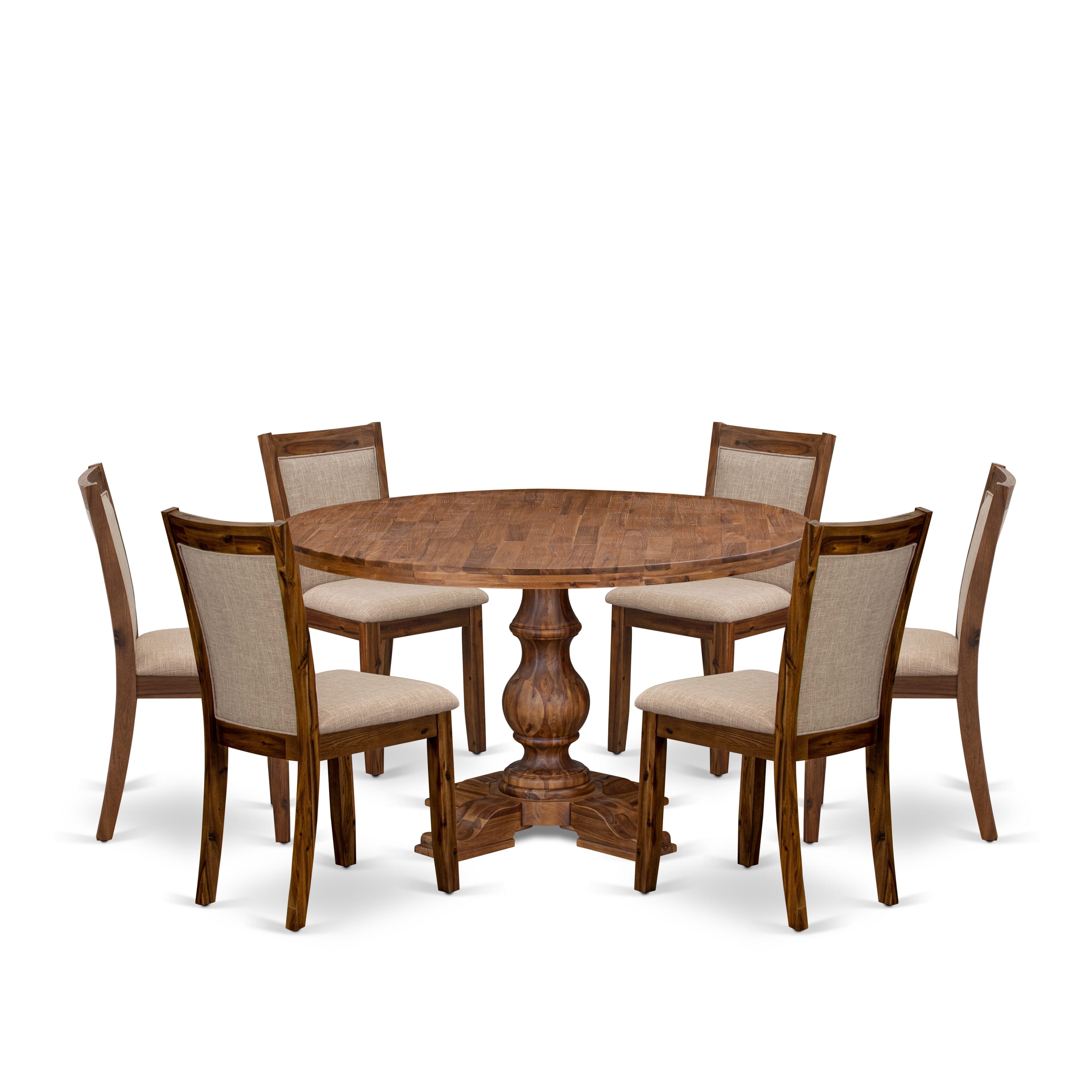 Luxe by East West Furniture I5MZ7-50N-04 7-Pc Modern Dining Set consists of a Pedestal Dinner Table and 6 Light Tan Linen Fabric Dinner Chairs with Padded Back- Antique Walnut