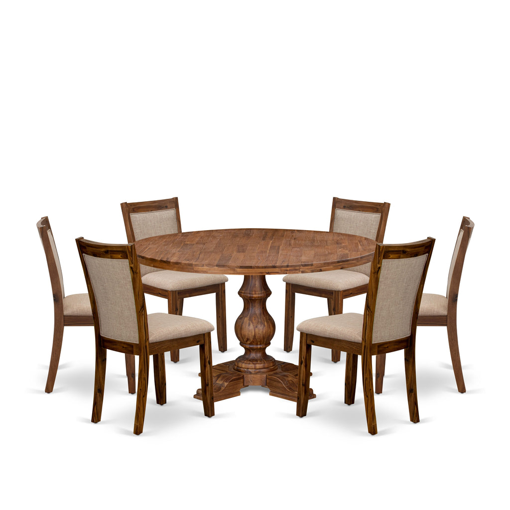 Luxe by East West Furniture I5MZ7-50N-04 7-Pc Modern Dining Set consists of a Pedestal Dinner Table and 6 Light Tan Linen Fabric Dinner Chairs with Padded Back- Antique Walnut