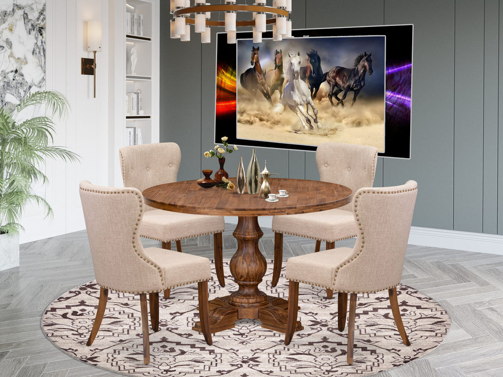 Luxe by East West Furniture I5SI5-40N-04 5 Piece Dining Set for 4 Contains a 48" Round Table with Pedestal and 4 Light Tan Linen Fabric Padded Chairs, Antique Walnut