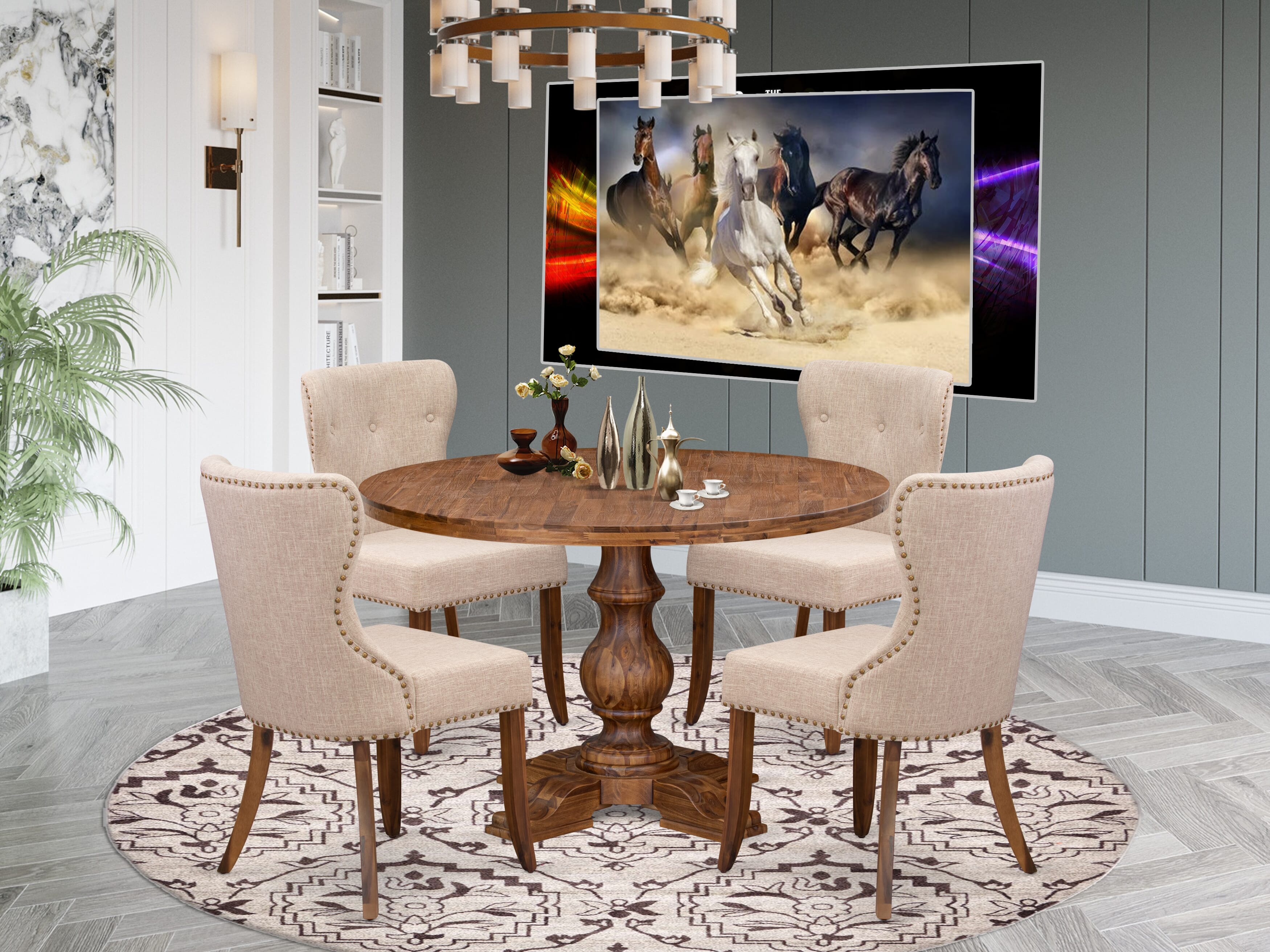 Luxe by East West Furniture I5SI5-40N-04 5 Piece Dining Set for 4 Contains a 48" Round Table with Pedestal and 4 Light Tan Linen Fabric Padded Chairs, Antique Walnut