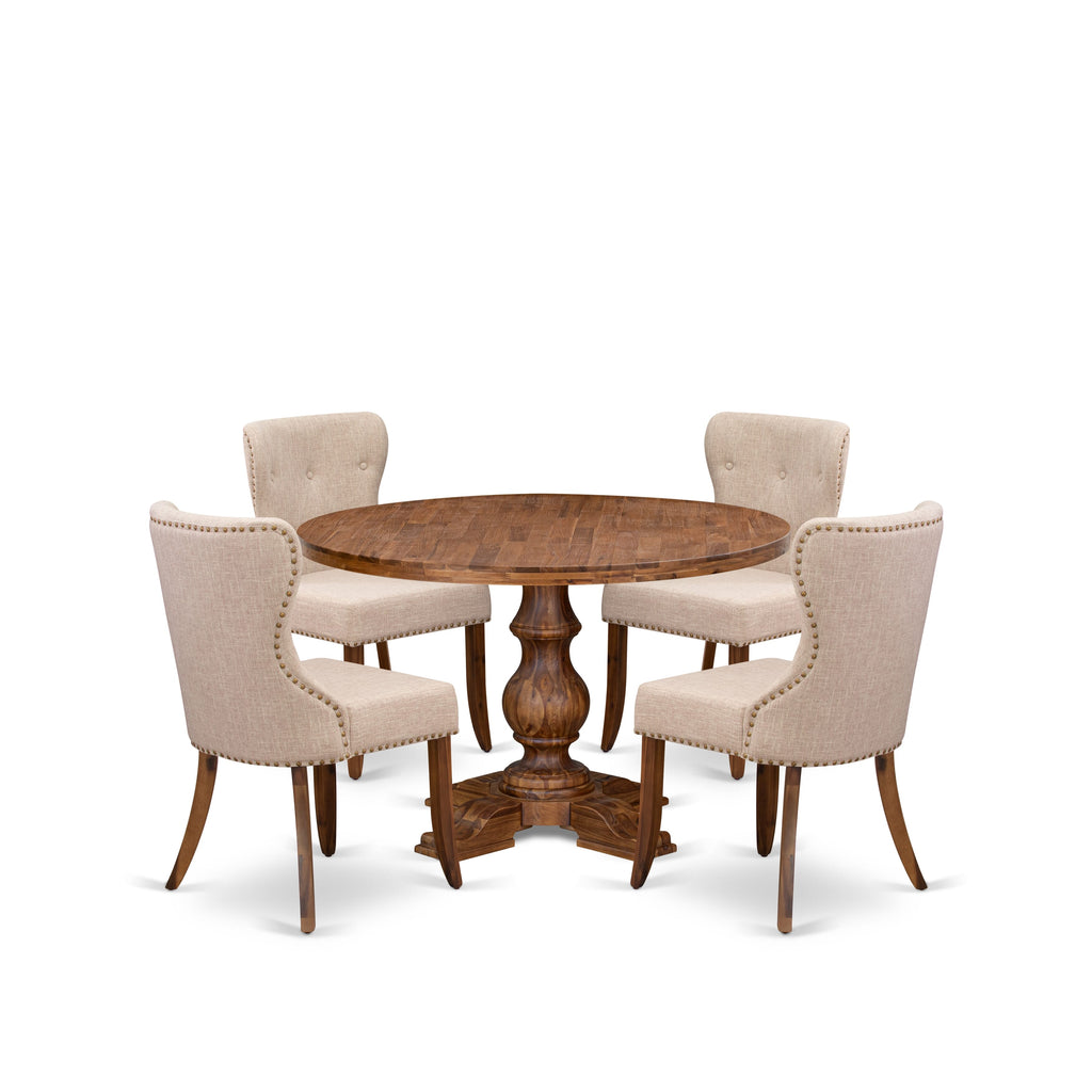 Luxe by East West Furniture I5SI5-40N-04 5 Piece Dining Set for 4 Contains a 48" Round Table with Pedestal and 4 Light Tan Linen Fabric Padded Chairs, Antique Walnut