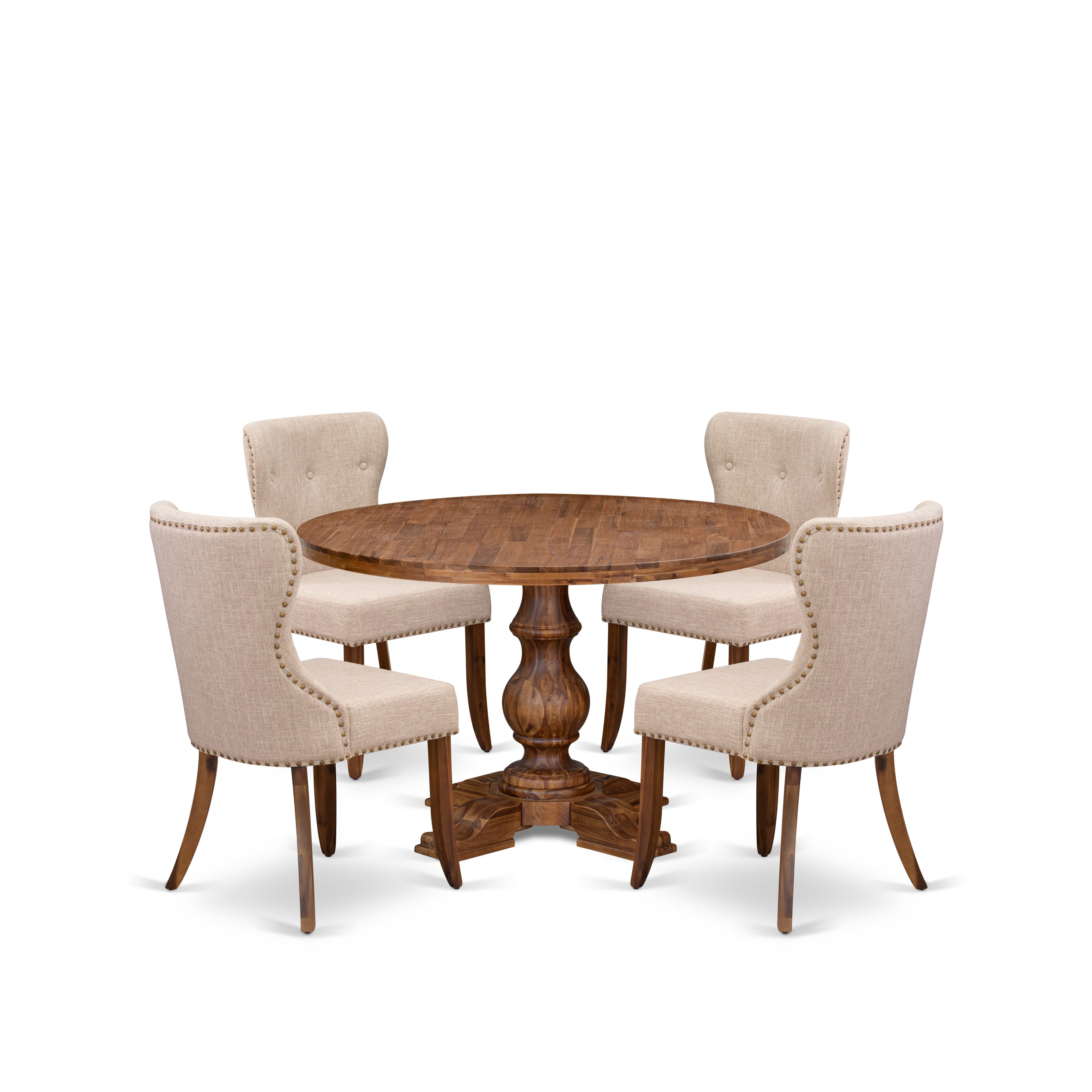 Luxe by East West Furniture I5SI5-40N-04 5 Piece Dining Set for 4 Contains a 48" Round Table with Pedestal and 4 Light Tan Linen Fabric Padded Chairs, Antique Walnut