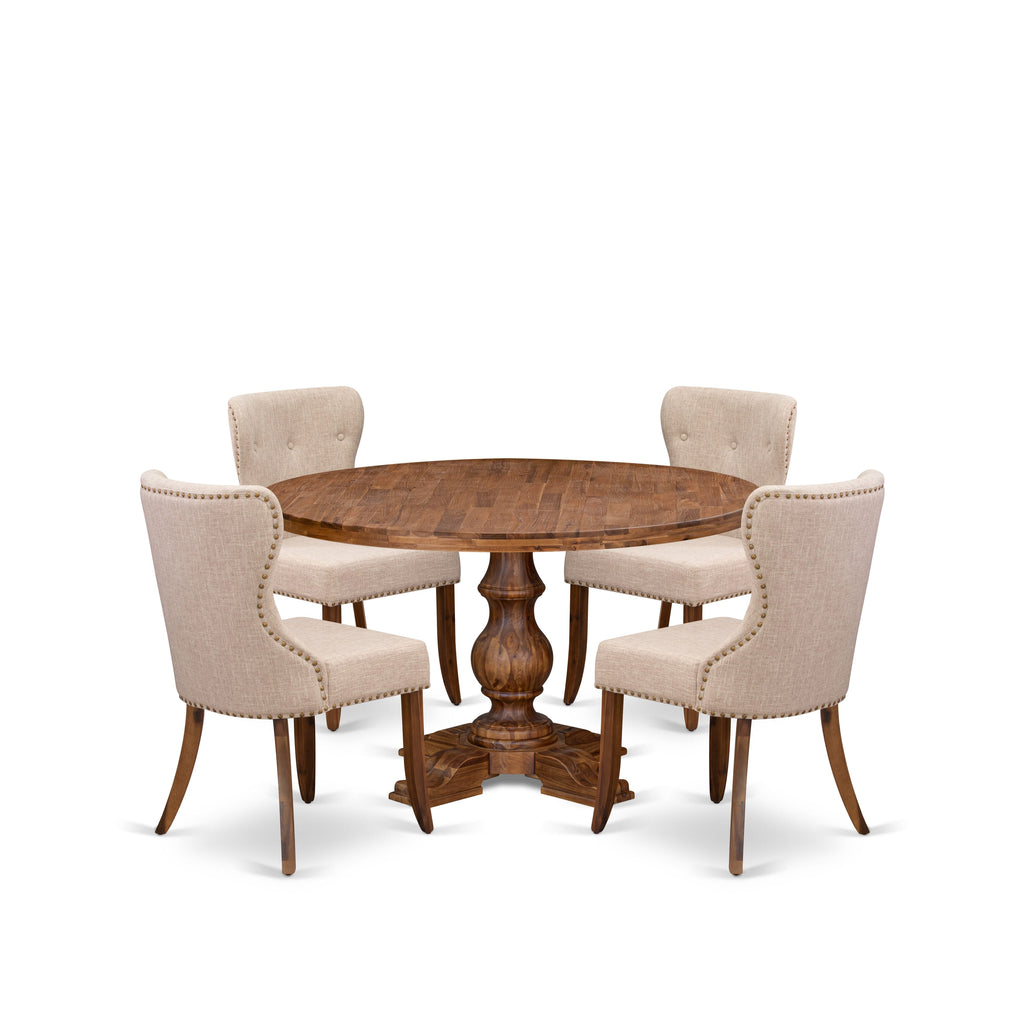 Luxe by East West Furniture I5SI5-50N-04 5-Pc Dining Set consists of a Pedestal Kitchen Table and 4 Light Tan Linen Fabric Dining Chairs with Button Tufted- Antique Walnut