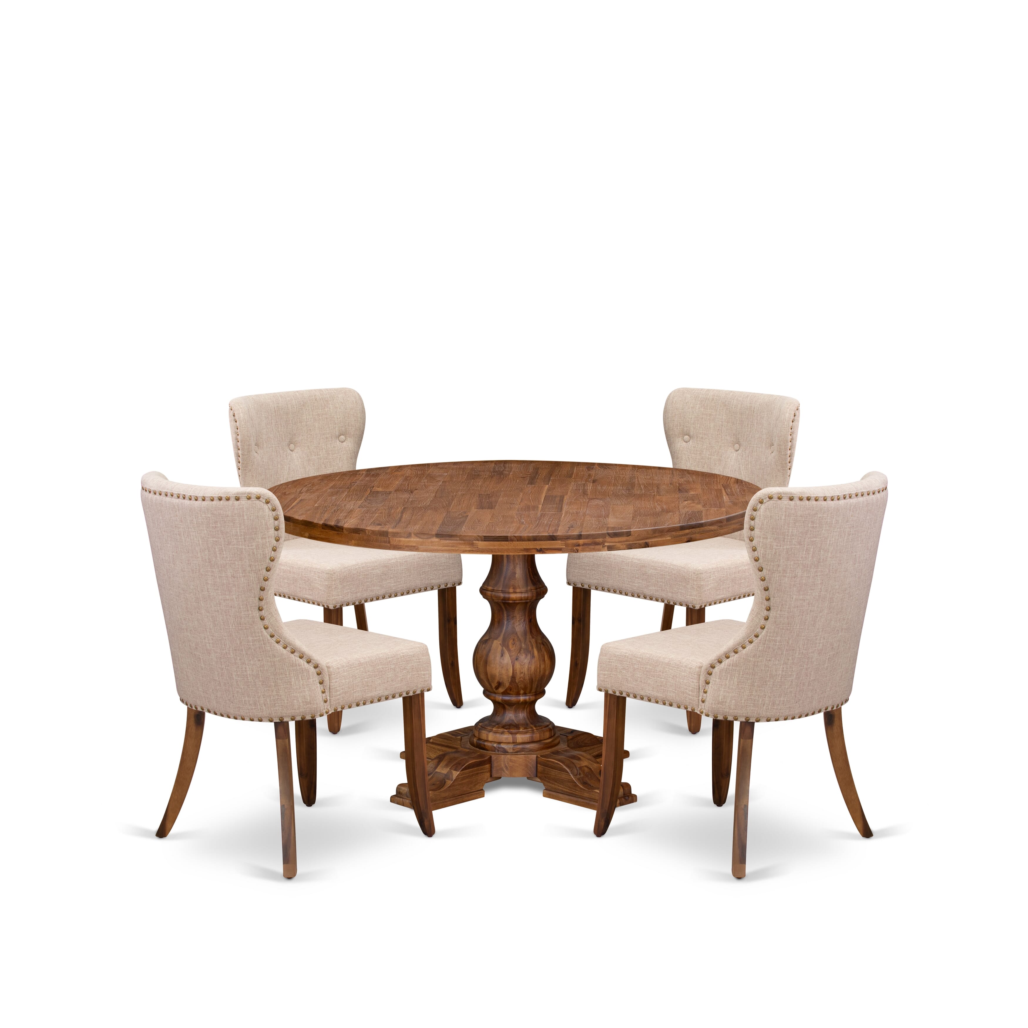 Luxe by East West Furniture I5SI5-50N-04 5-Pc Dining Set consists of a Pedestal Kitchen Table and 4 Light Tan Linen Fabric Dining Chairs with Button Tufted- Antique Walnut