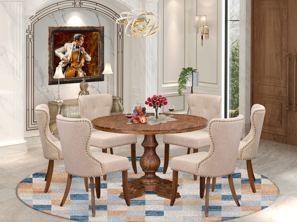 Luxe by East West Furniture I5SI7-40N-04 7 Piece Kitchen Table Set Includes a 48" Round Table with Pedestal and 6 Light Tan Linen Fabric Parson Chairs, Antique Walnut