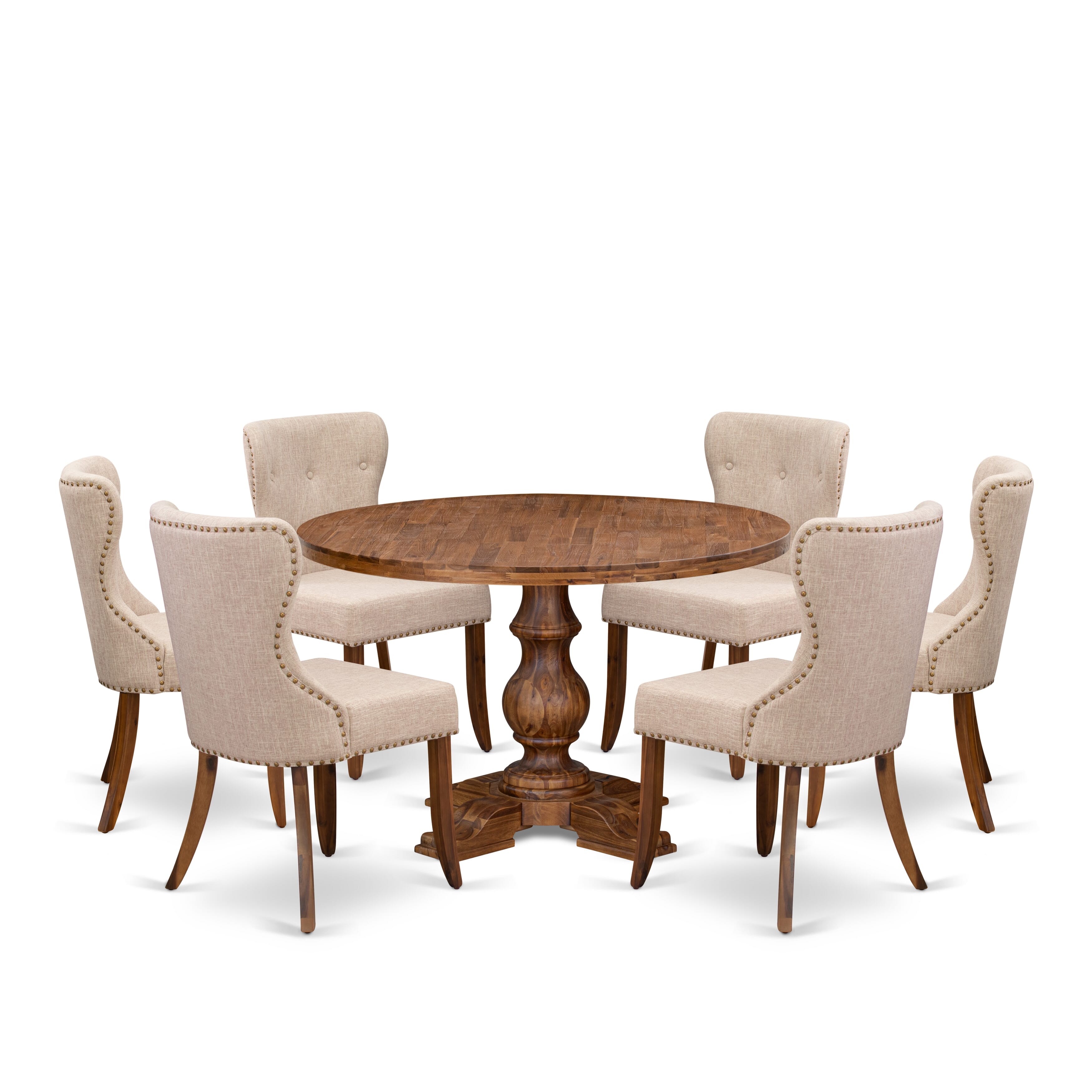 Luxe by East West Furniture I5SI7-40N-04 7 Piece Kitchen Table Set Includes a 48" Round Table with Pedestal and 6 Light Tan Linen Fabric Parson Chairs, Antique Walnut