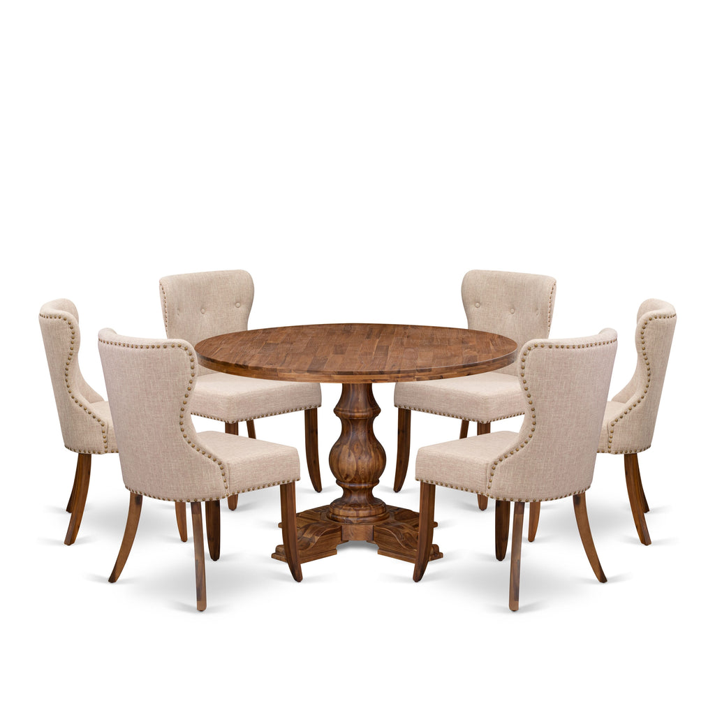 Luxe by East West Furniture I5SI7-40N-04 7 Piece Kitchen Table Set Includes a 48" Round Table with Pedestal and 6 Light Tan Linen Fabric Parson Chairs, Antique Walnut