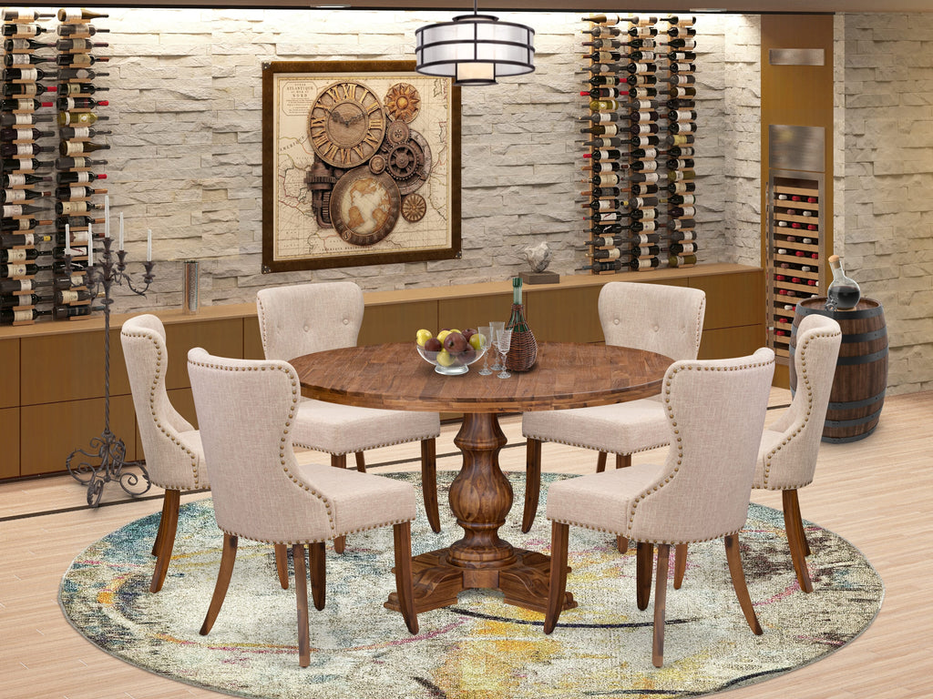 Luxe by East West Furniture I5SI7-50N-04 7-Pc Kitchen Table Set Includes a Pedestal Breakfast Table and 6 Light Tan Linen Fabric Dining Chairs with Button Tufted- Antique Walnut
