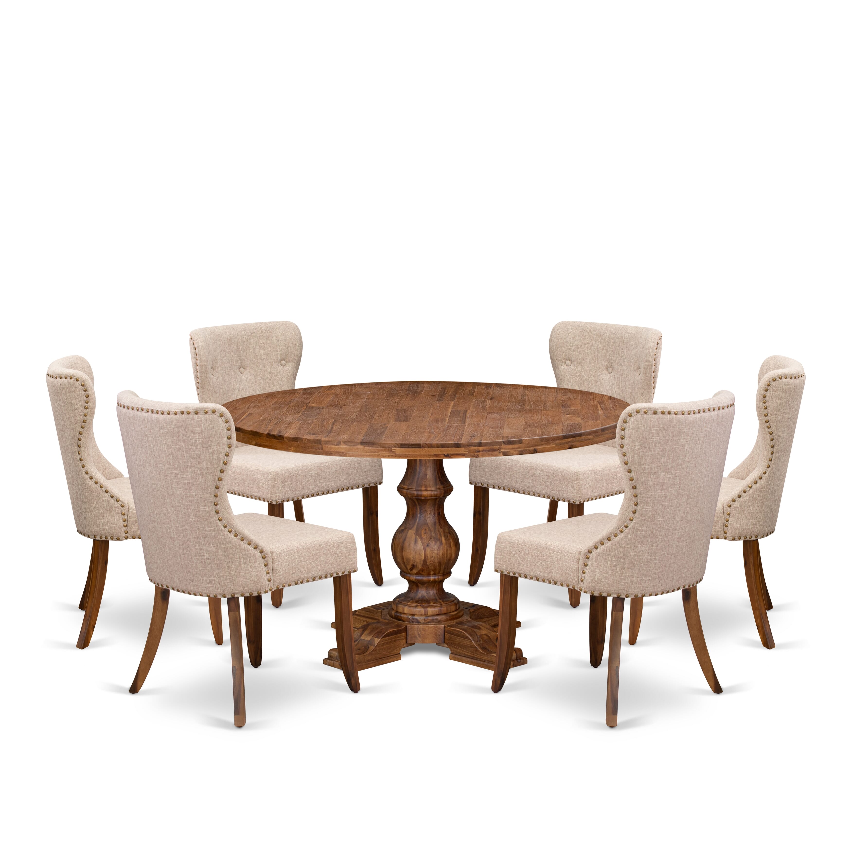 Luxe by East West Furniture I5SI7-50N-04 7-Pc Kitchen Table Set Includes a Pedestal Breakfast Table and 6 Light Tan Linen Fabric Dining Chairs with Button Tufted- Antique Walnut