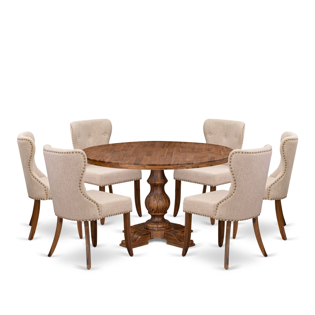 Luxe by East West Furniture I5SI7-50N-04 7-Pc Kitchen Table Set Includes a Pedestal Breakfast Table and 6 Light Tan Linen Fabric Dining Chairs with Button Tufted- Antique Walnut