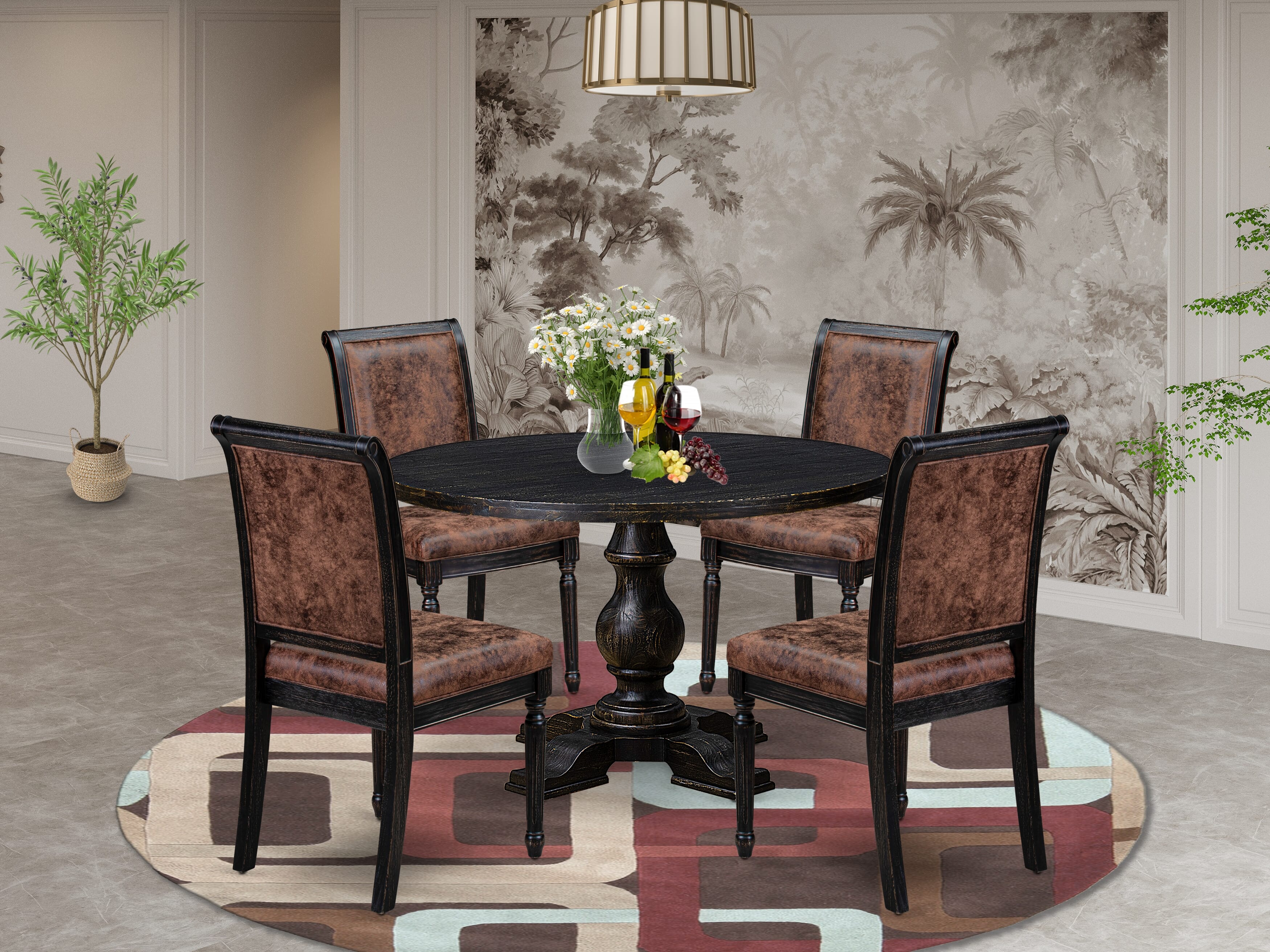 Luxe by East West Furniture I5TY5-411-33 5-Piece Kitchen Set with Polyester 4 Brown Textured dining room chairs, High Back, and A Breakfast Table in Sand Blasting Black Finish.