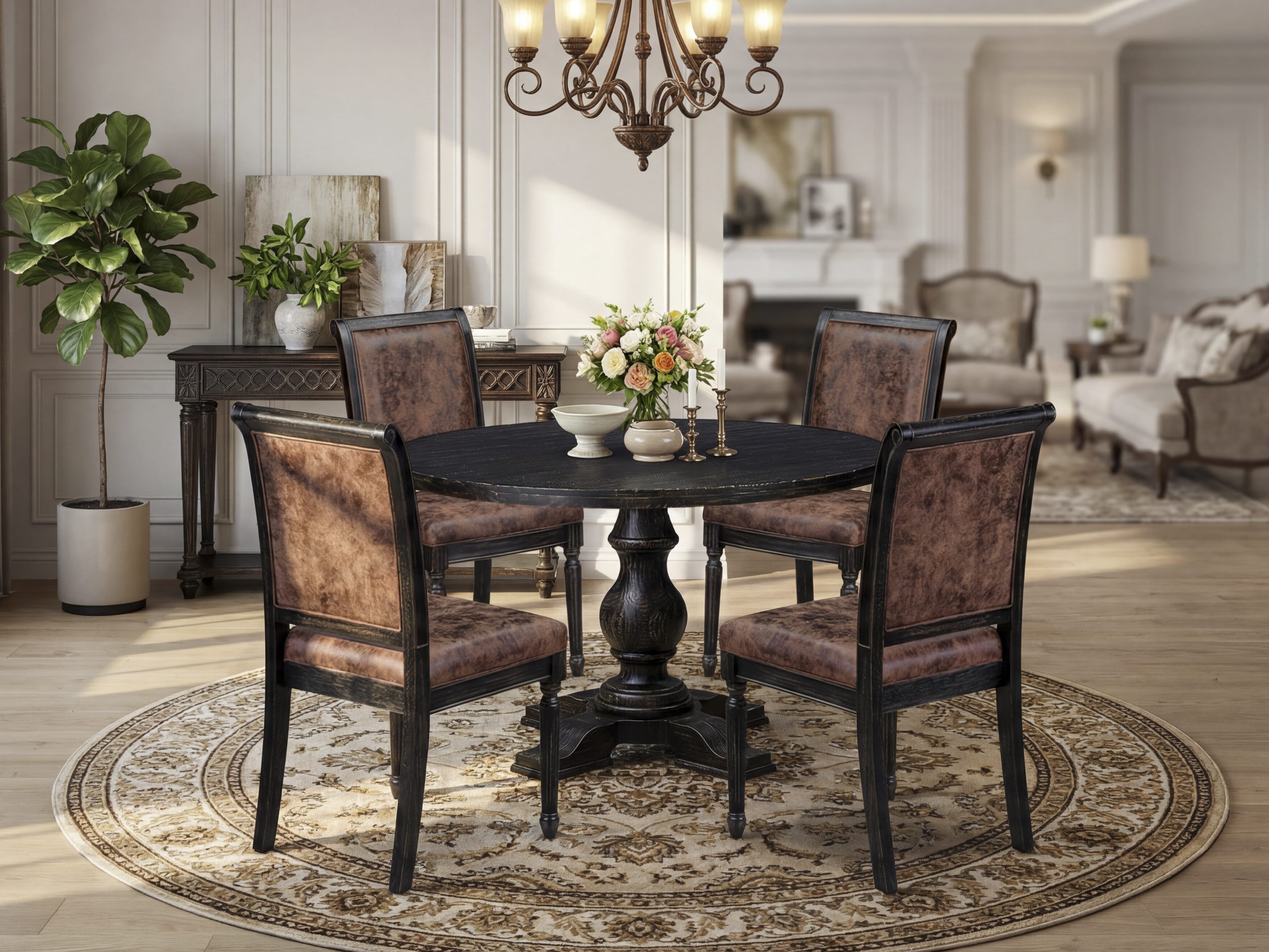 Luxe by East West Furniture I5TY5-411-33 5-Piece Kitchen Set with Polyester 4 Brown Textured dining room chairs, High Back, and A Breakfast Table in Sand Blasting Black Finish.